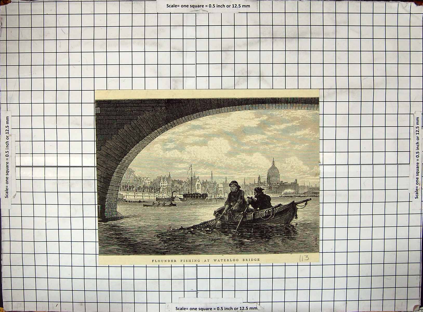 Original Old Antique Print Flounder Fishing Waterloo Bridge Men Boat London