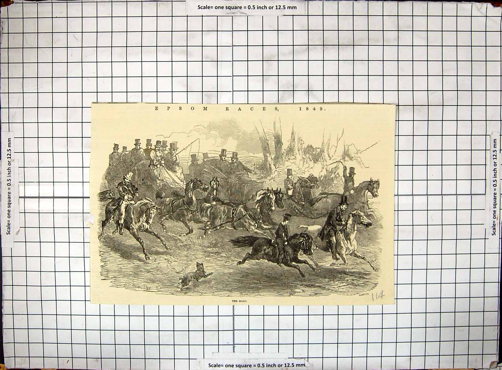 Original Old Antique Print 1849 Epsom Horse Racing Sport Coach Transport 19th
