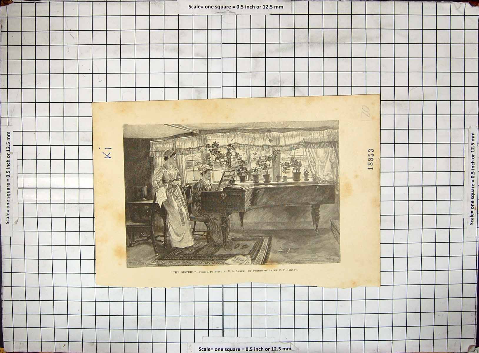 Original Old Antique Print Sisters Music Piano Abbey Barney