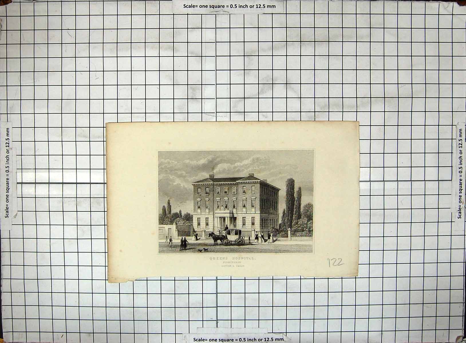 Old Antique Print Engraving Exterior Queen'S Hospital Birmingham Tallis