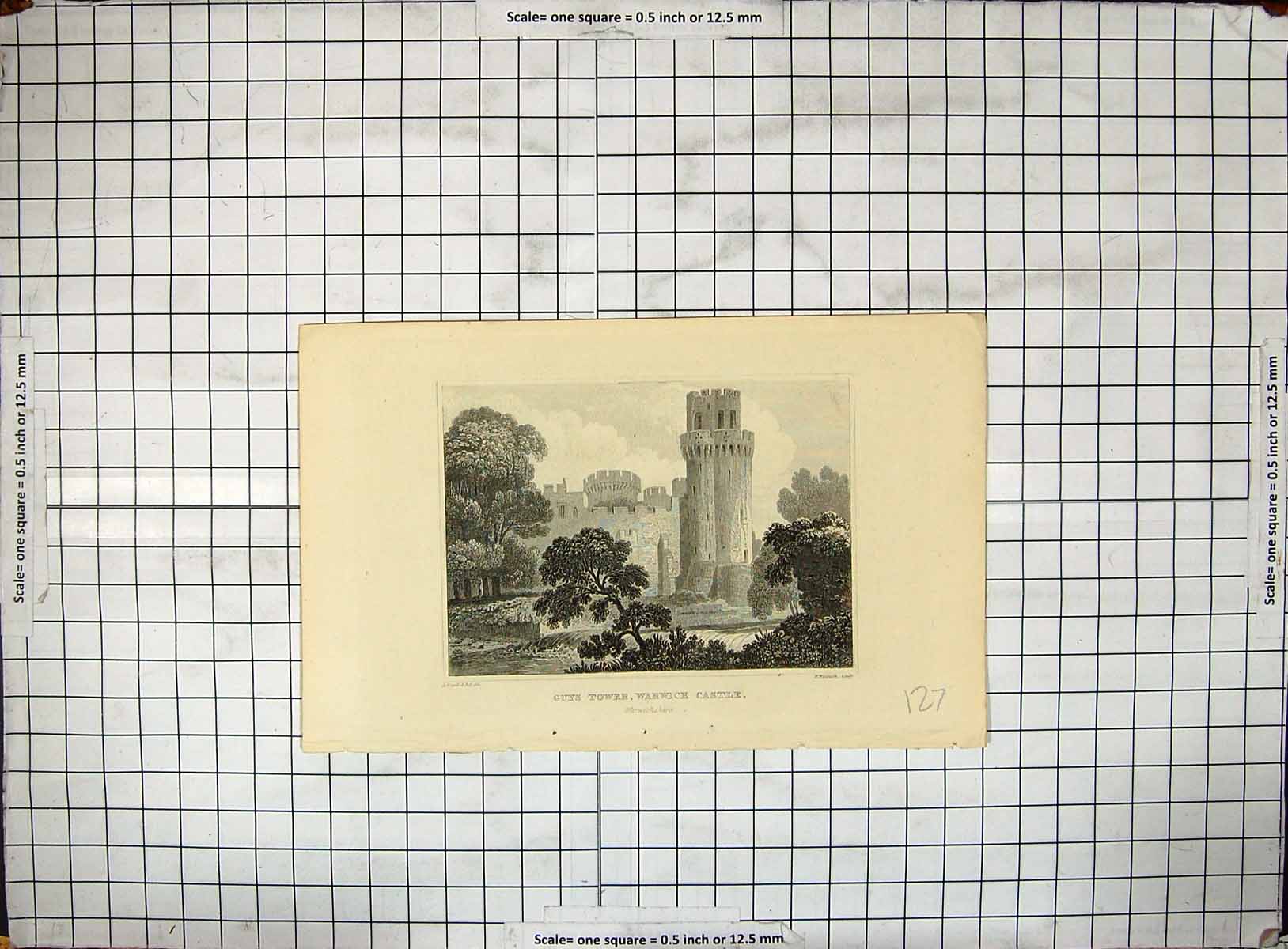 Antique Print Guys Tower Warwick Castle Warwickshire Engraving Architecture