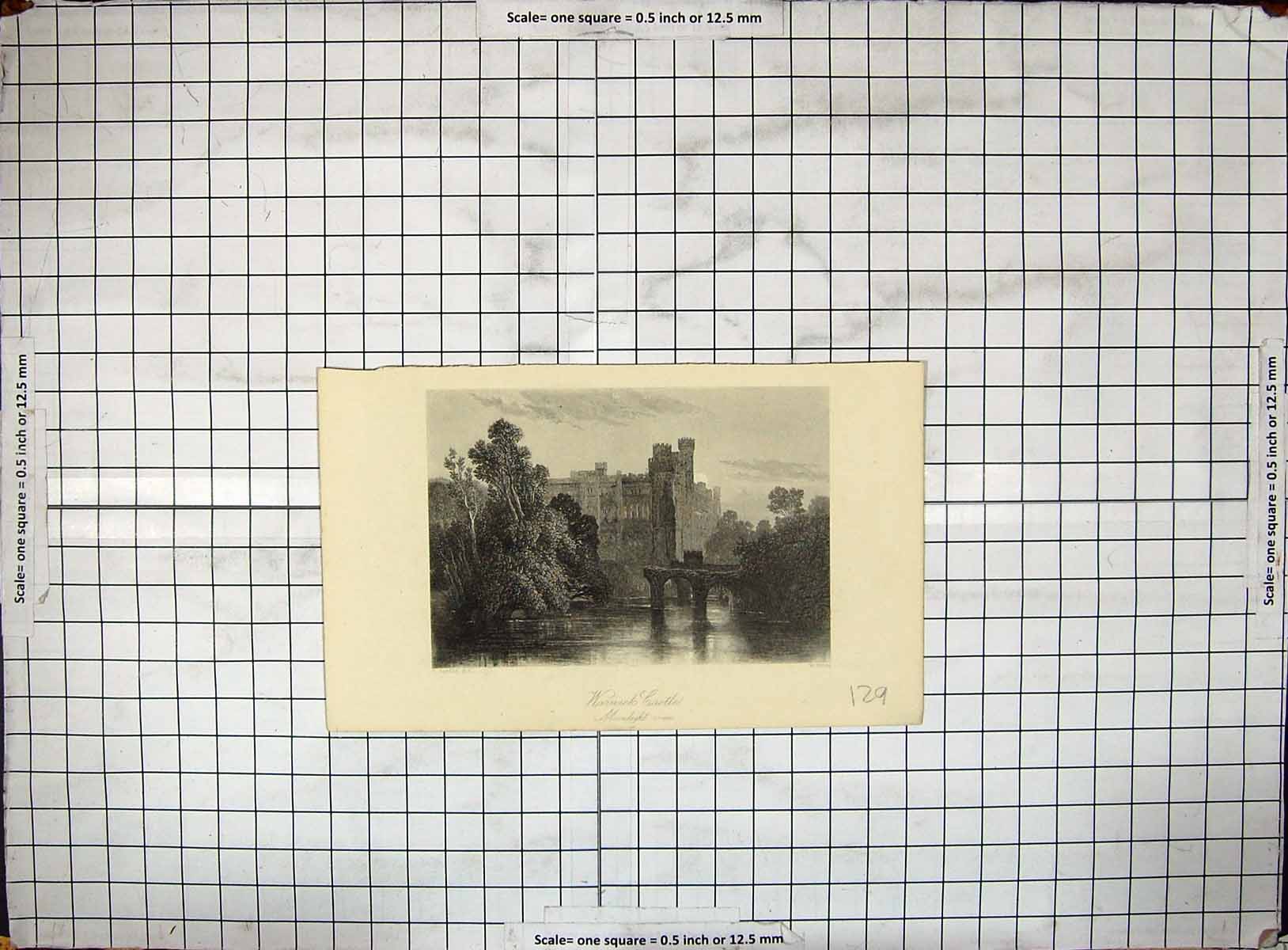 Original Old Antique Print Moonlight View Warwick Castle Architecture Engraving