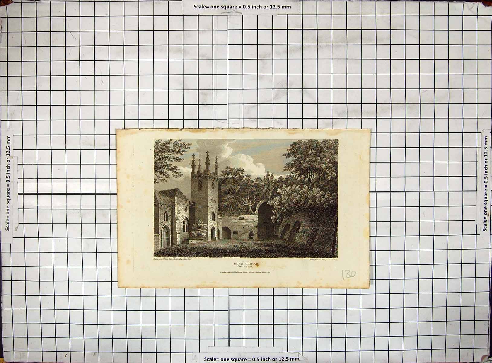 Original Old Antique Print Guys Cliff Warwickshire Engraving 1810 Architecture