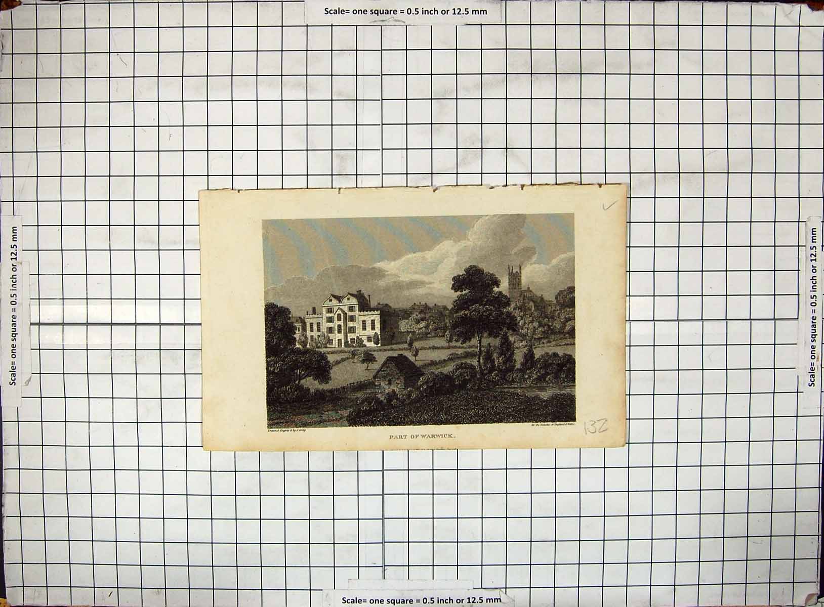 Antique Old Print Engraving 1810 View Part Warwick Church House Trees Greig