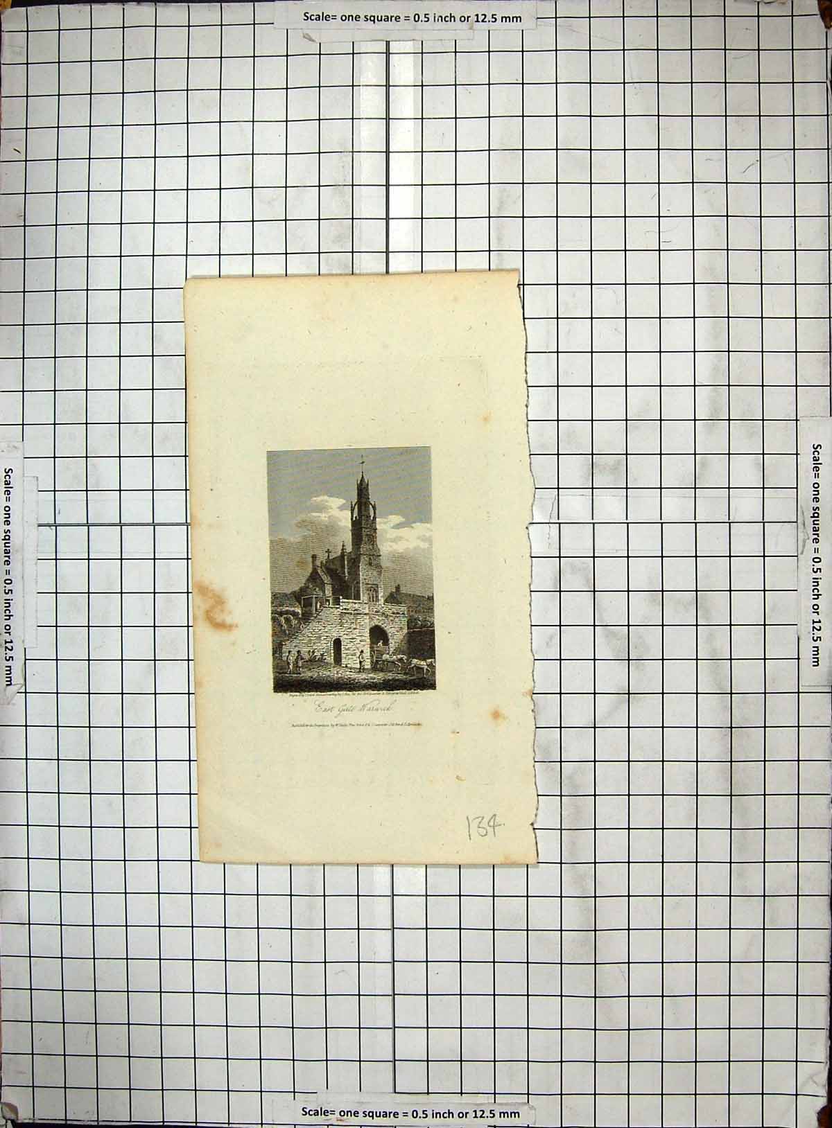 Original Old Antique Print Engraving View East Gate Warwick Church Architecture