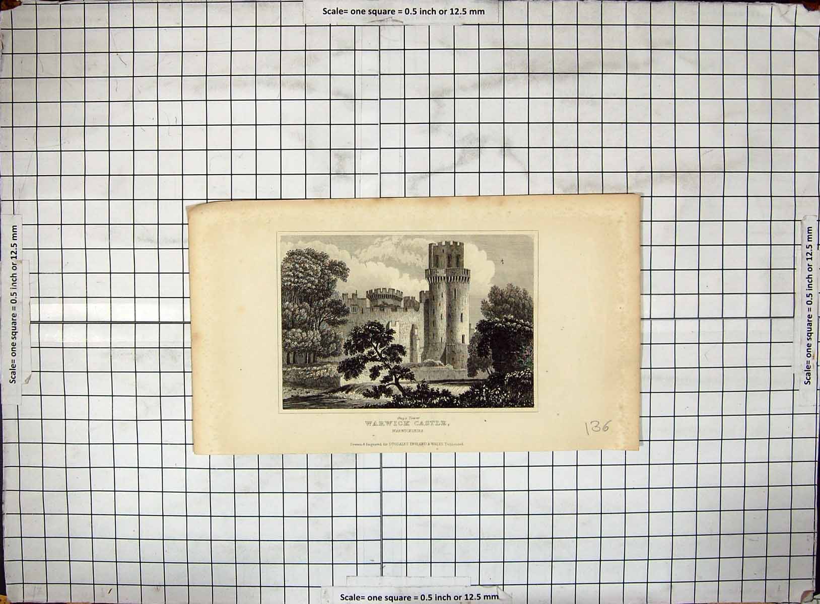 Antique Old Print Guys Tower Warwick Castle Warwickshire Dugdales Engraving