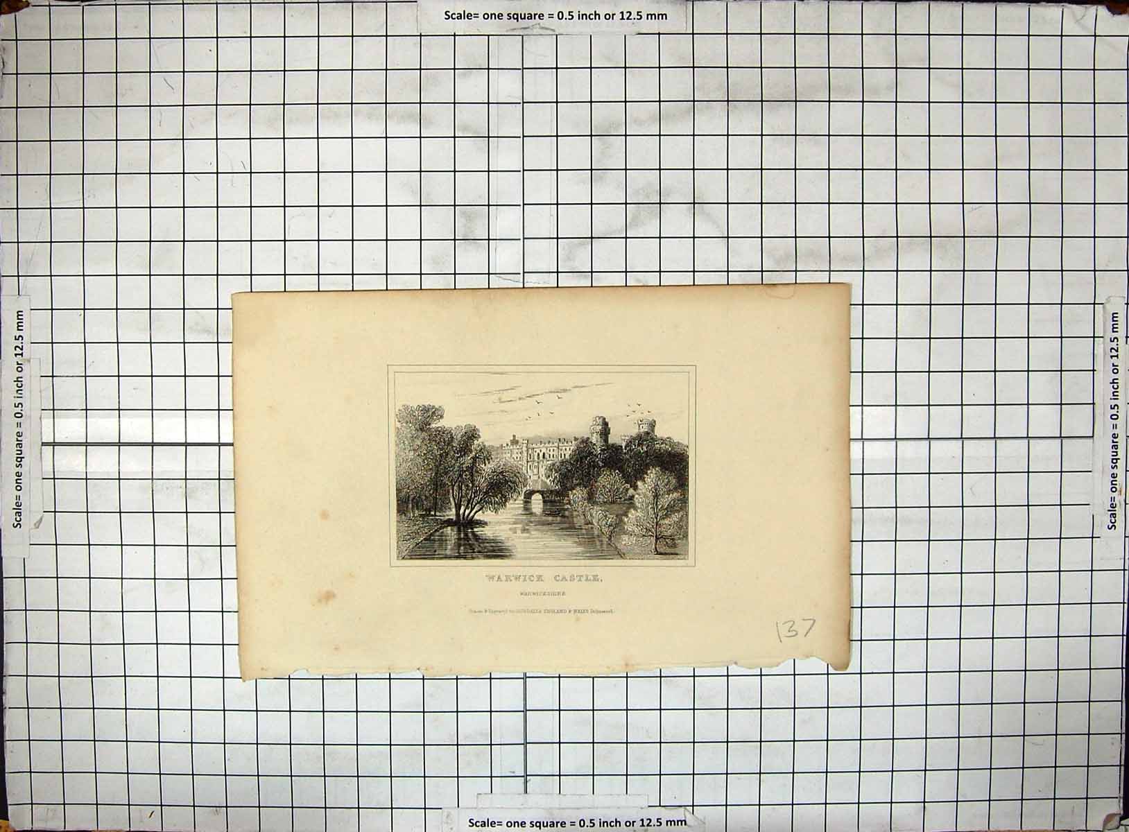 Original Old Antique Print Dugdales Engraving Warwick Castle Warwickshire