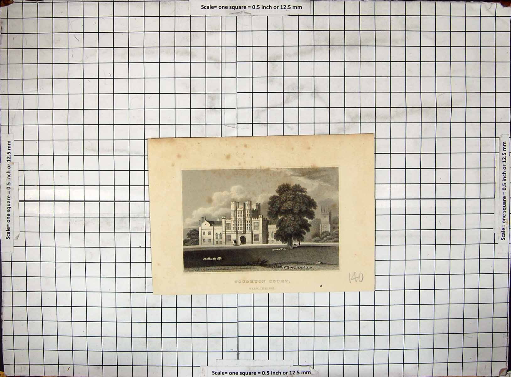 Antique Old Print Exterior Coughton Court Warwickshire Engraving Architecture