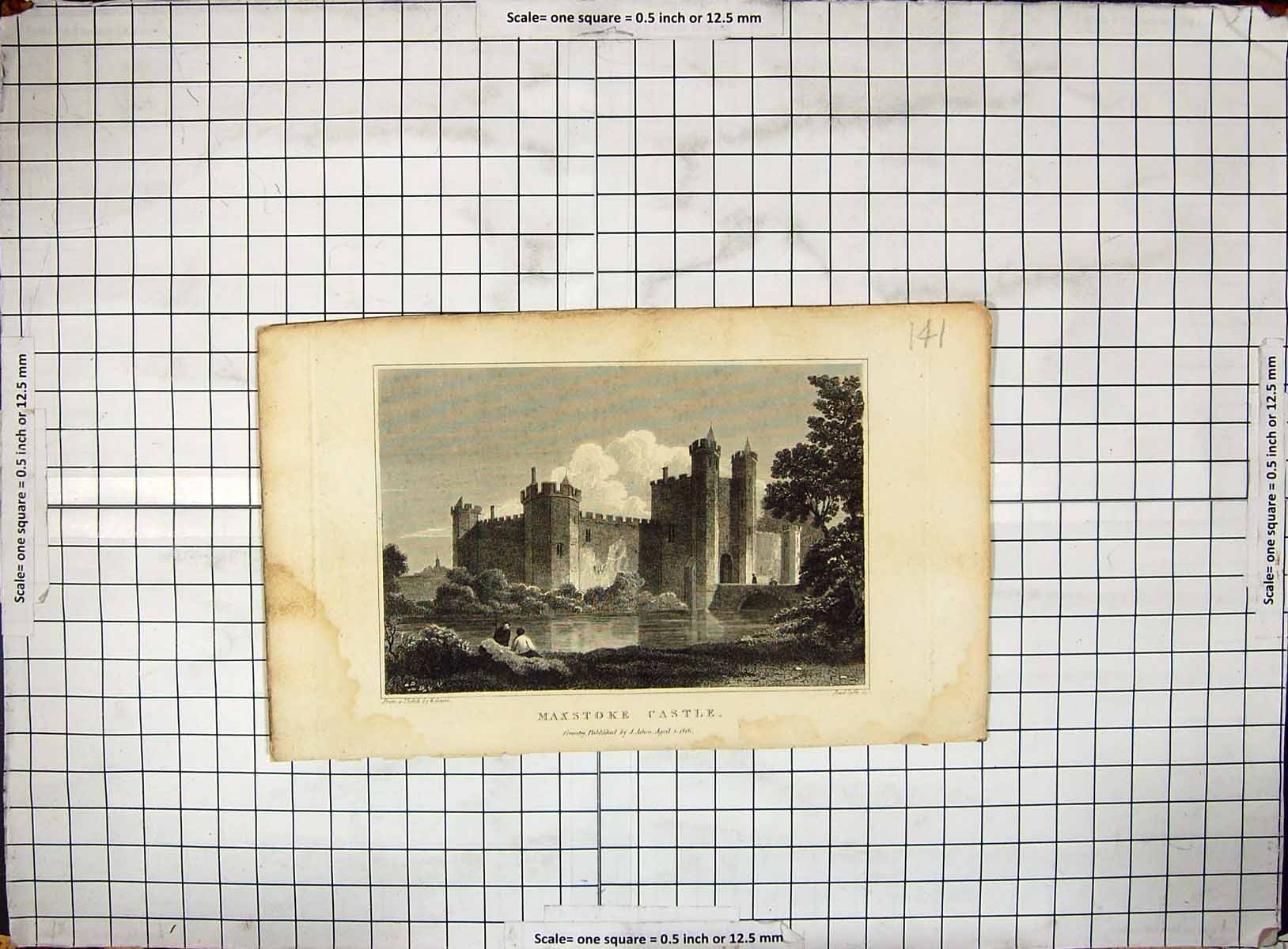 Antique Old Print Maxstoke Castle Radcylffe Green Architecture Engraving 1816