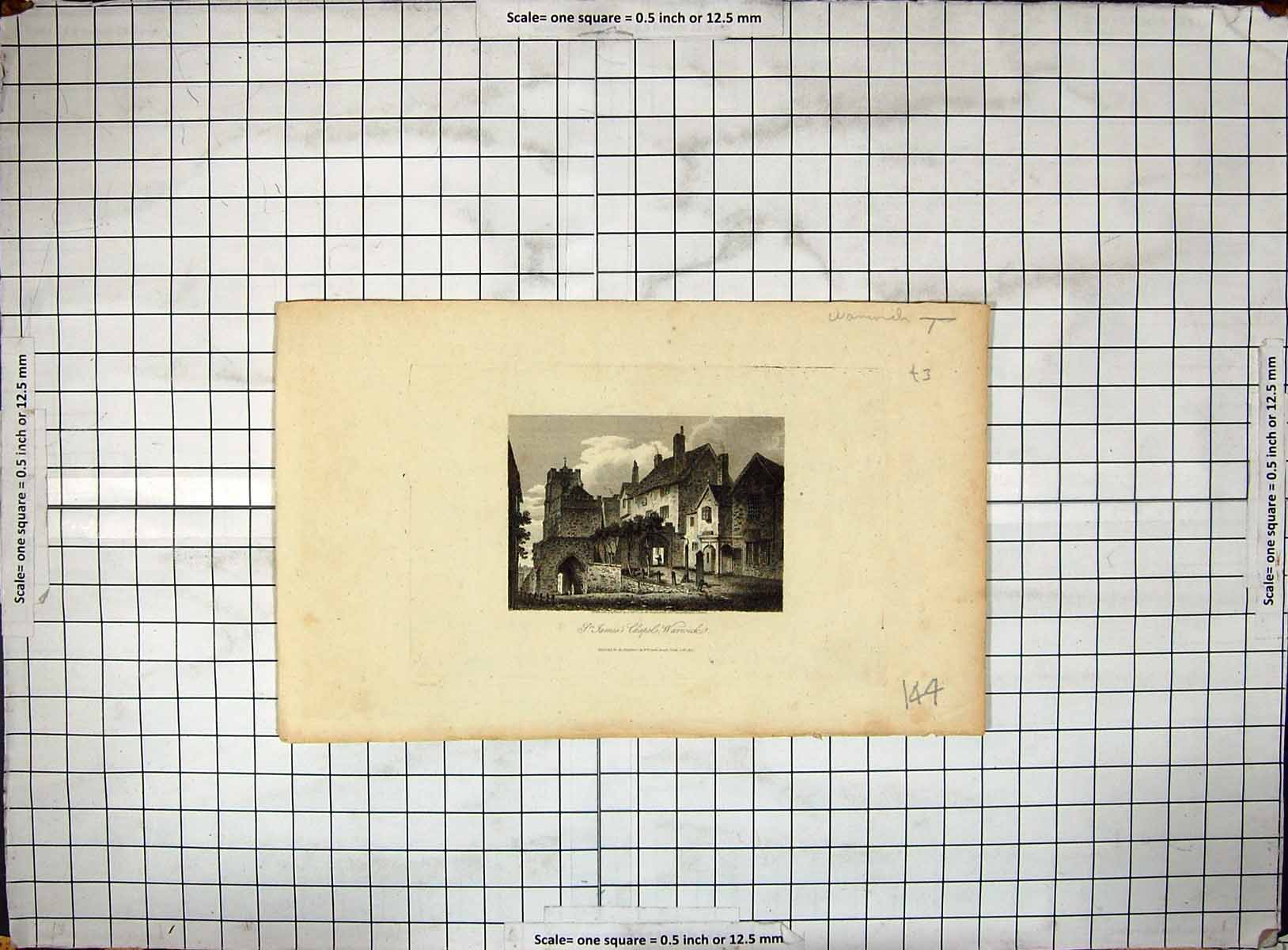 Original Old Antique Print St. James'S Chapel Warwick Building Engraving 1817