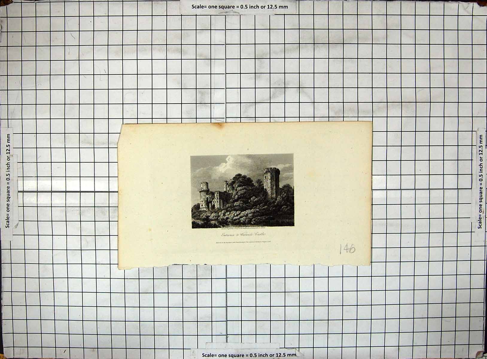 Original Old Antique Print Engraving 1808 Entrance Ruins Warwick Castle Greig