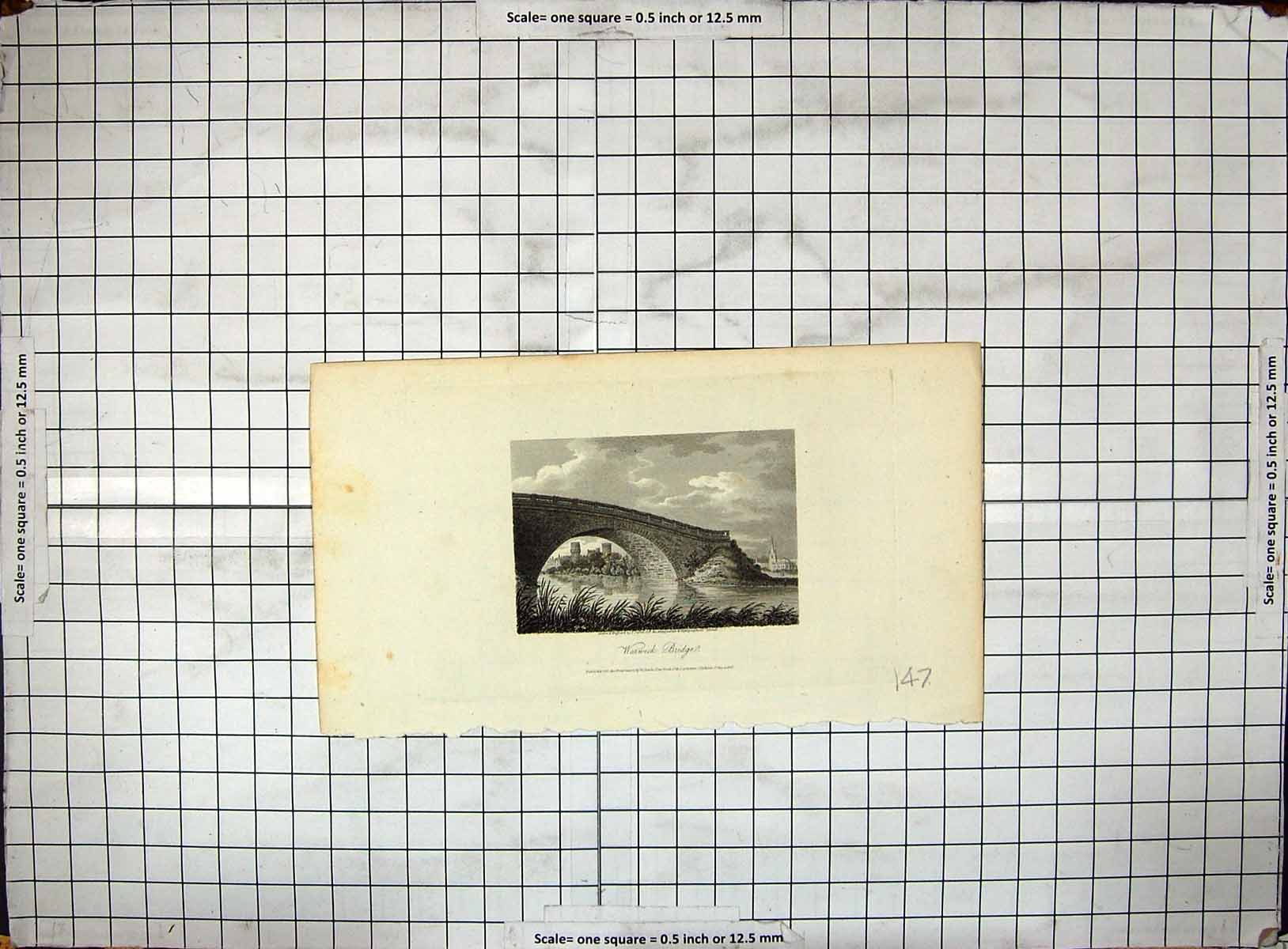 Original Old Antique Print River Warwick Bridge Engraving 1808 Storer 19th