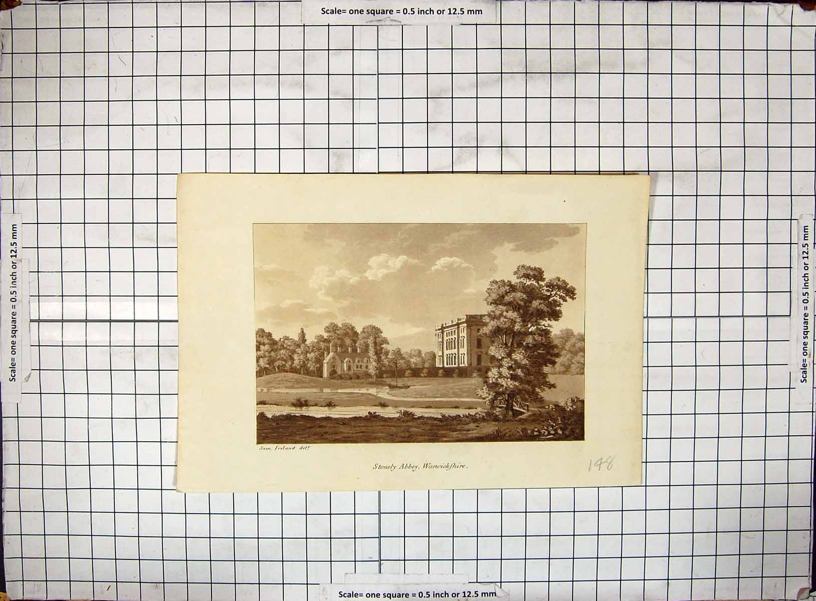 Old Antique Print Exterior View Stonley Abbey Warwickshire Architecture