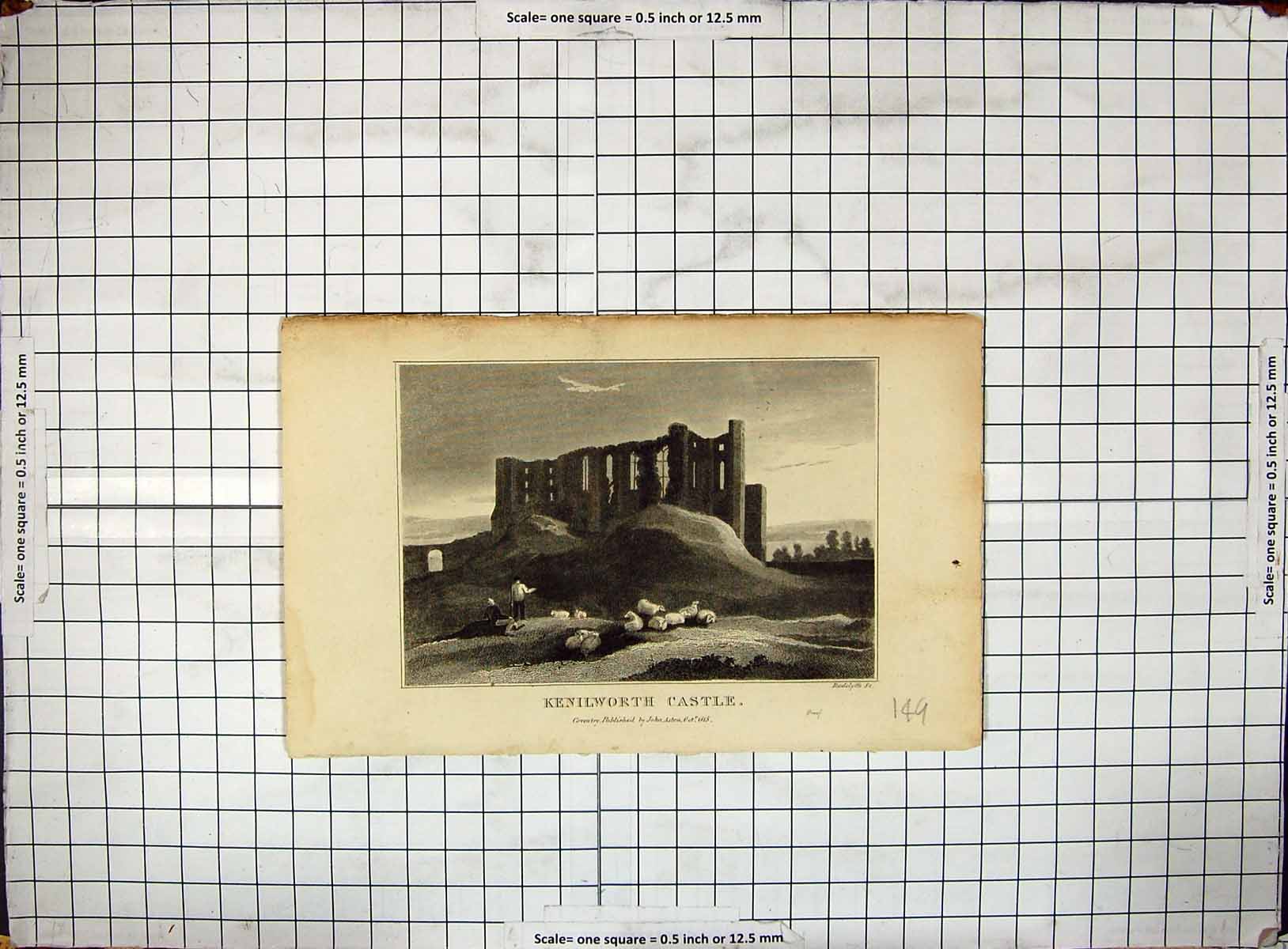 Old Antique Print Engraving 1815 Ruins Kenilworth Castle Sheep Radclyffe 19th