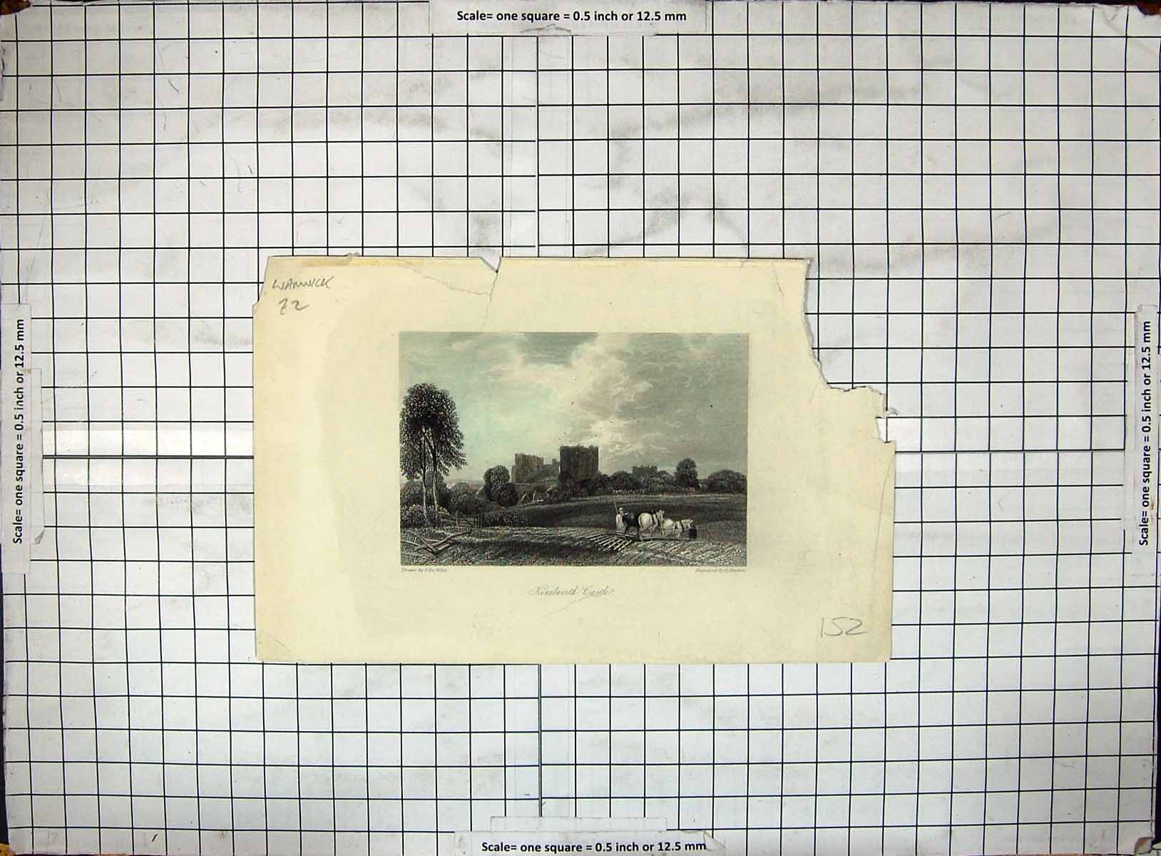 Original Old Antique Print Engraving Kenilworth Castle Warwick Horses Finden