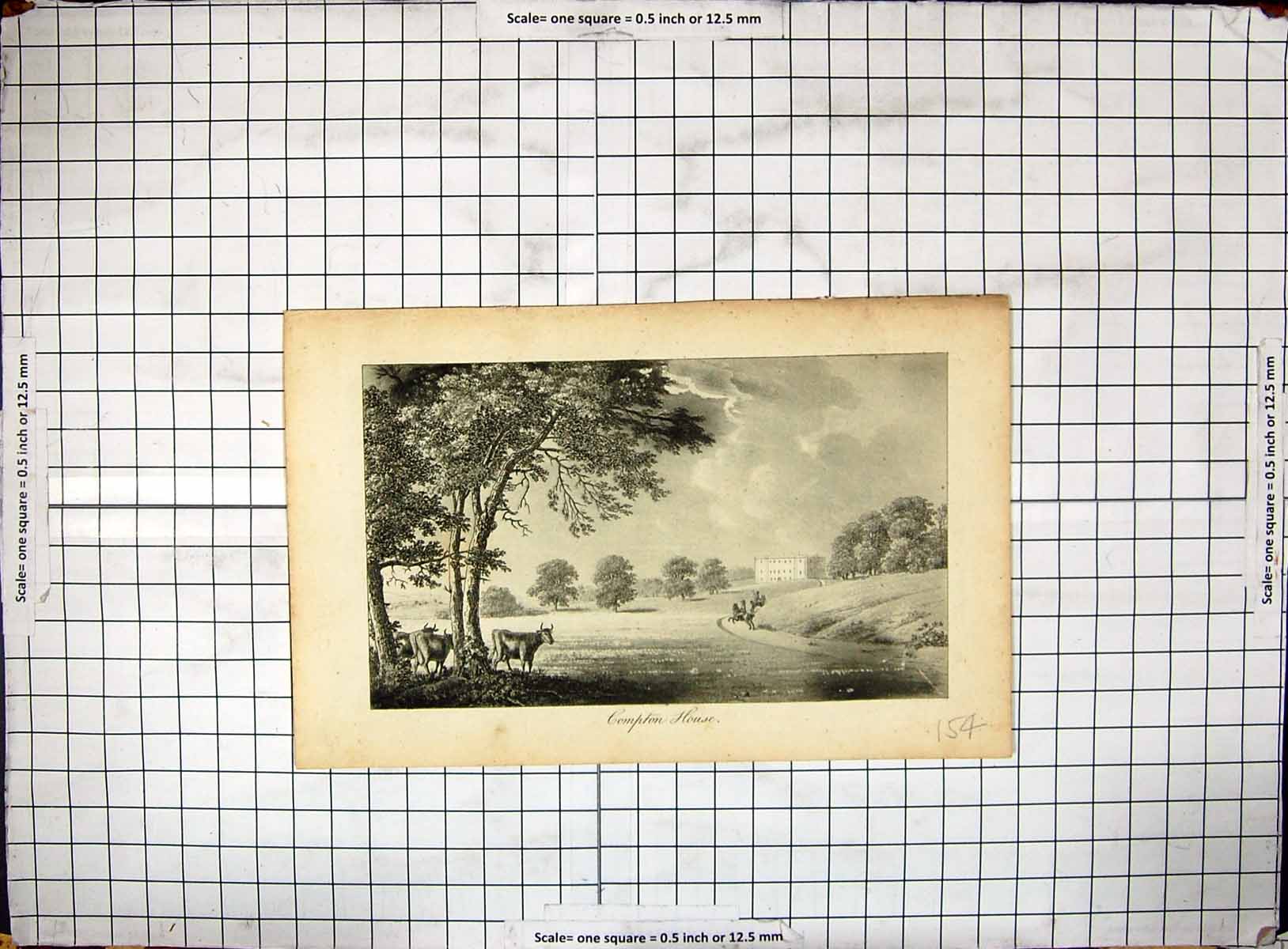 Old Antique Print Engraving 1792 View Compton House Horses Cows Robertson 18th