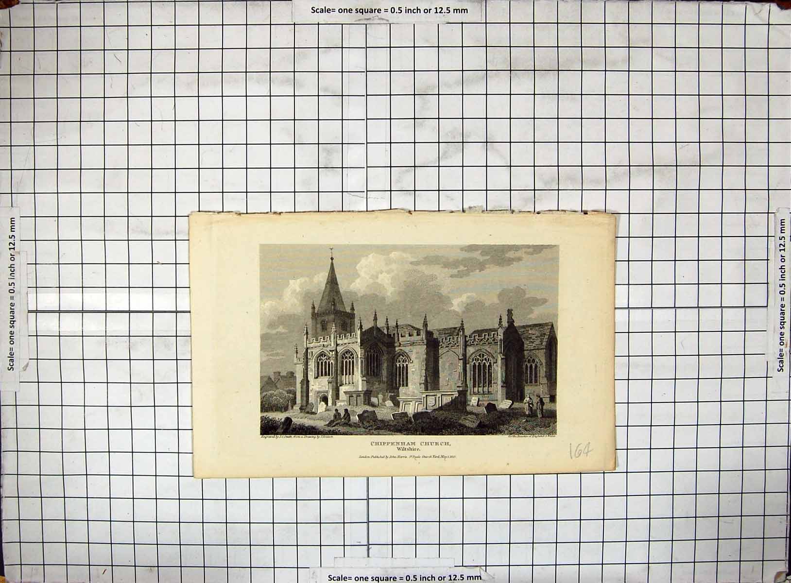 Antique Old Print Engraving 1813 Chippenham Church Wiltshire Smith Britton 19th