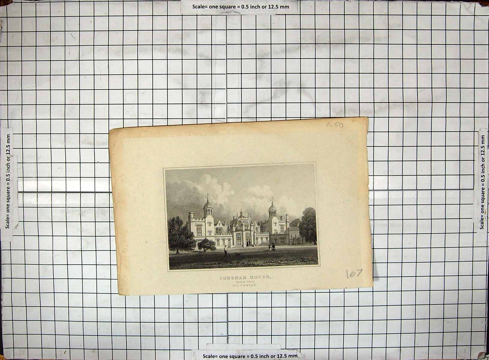 Old Antique Print Engraving Corsham House Wiltshire England Architecture