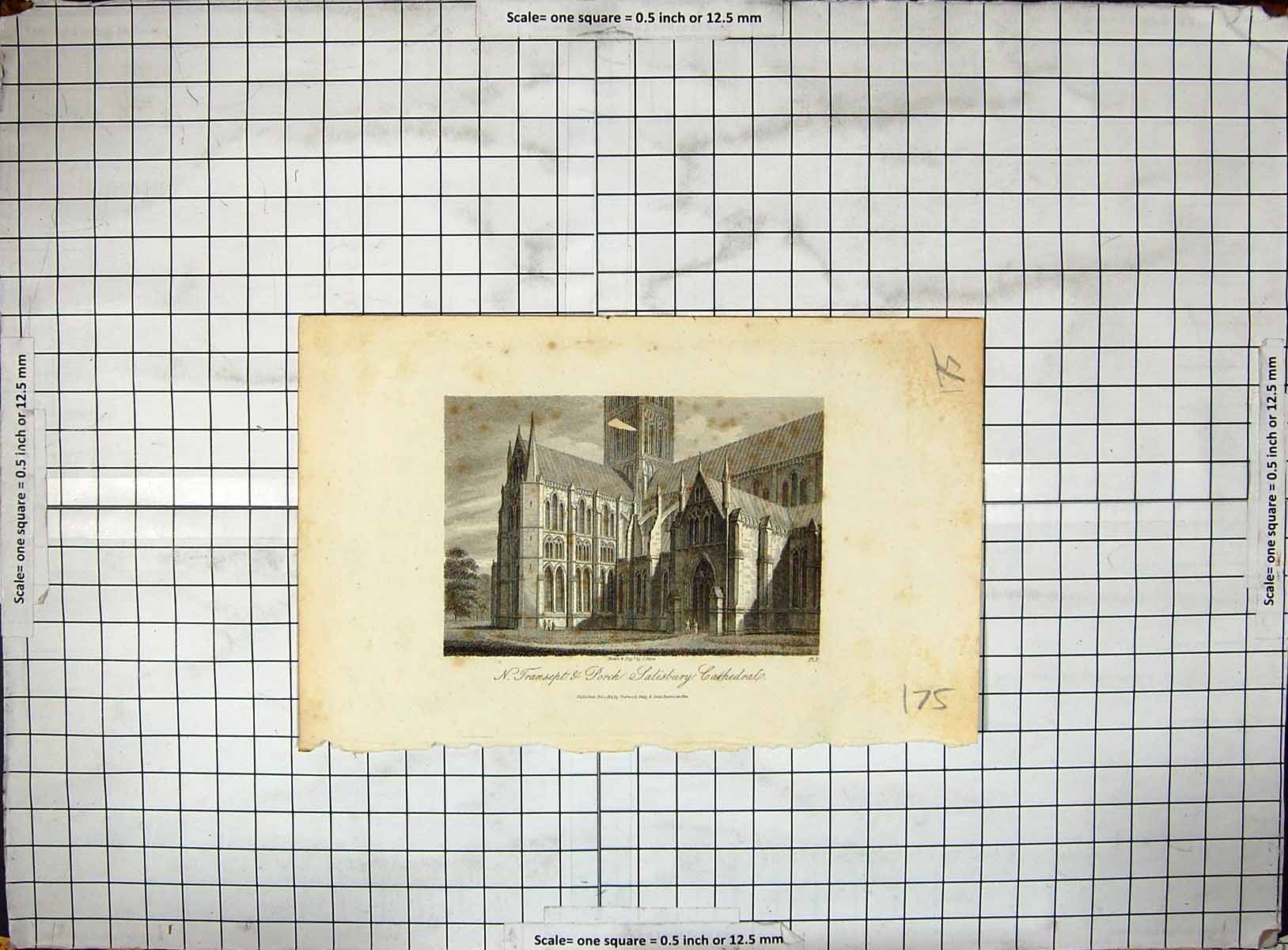 Antique Old Print Transept Porch Salisbury Cathedral Storer Engraving 1812 19th