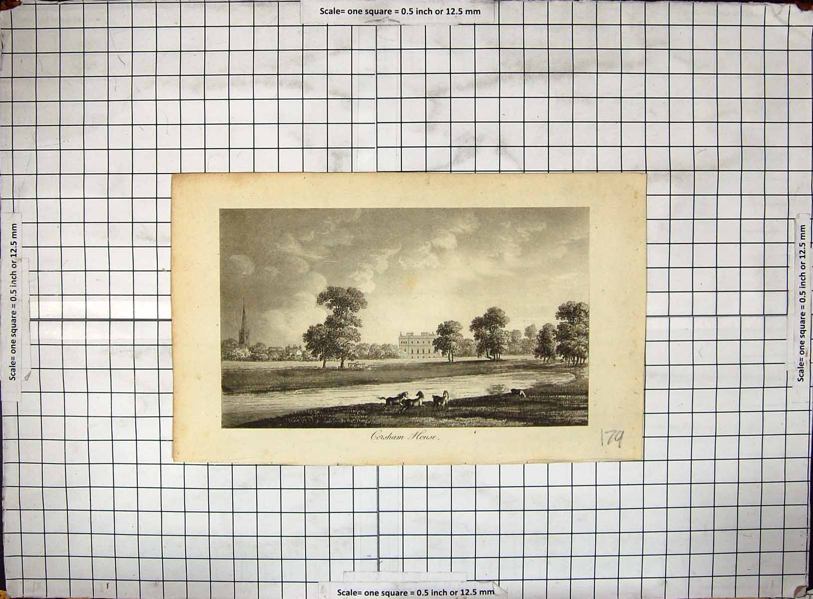 Old Antique Print Engraving View Corsham House Horses River Church Trees 18th