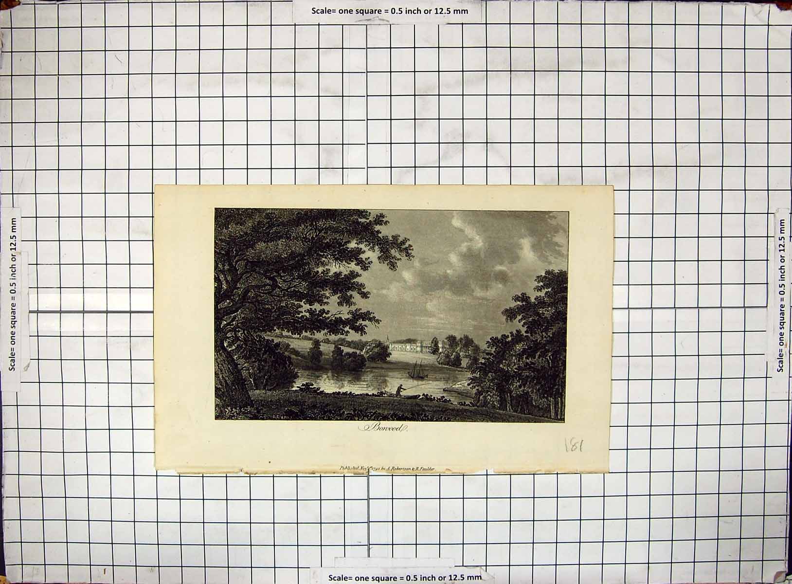 Antique Old Print 1792 View Bonood Mansion House Man Fishing River Engraving