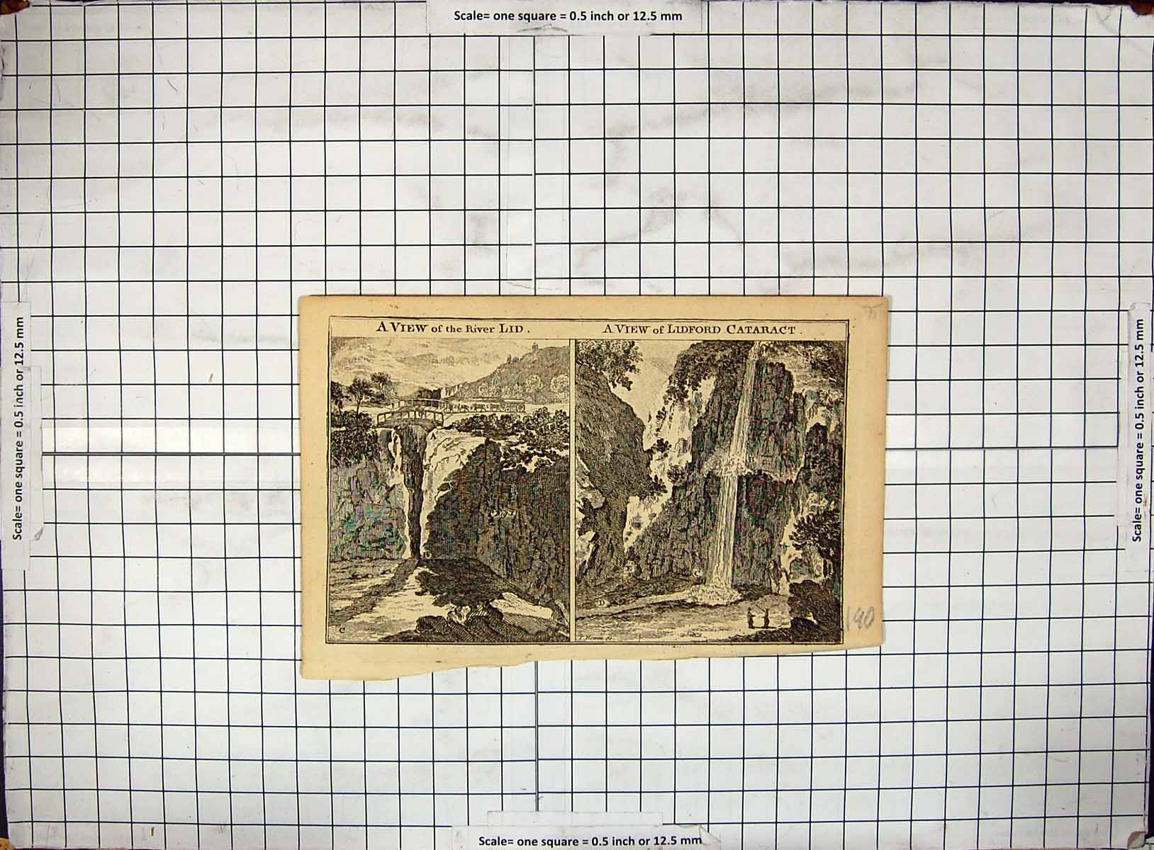 Original Antique Old Print Engraving 1815 View River Lidford Cataract 19th