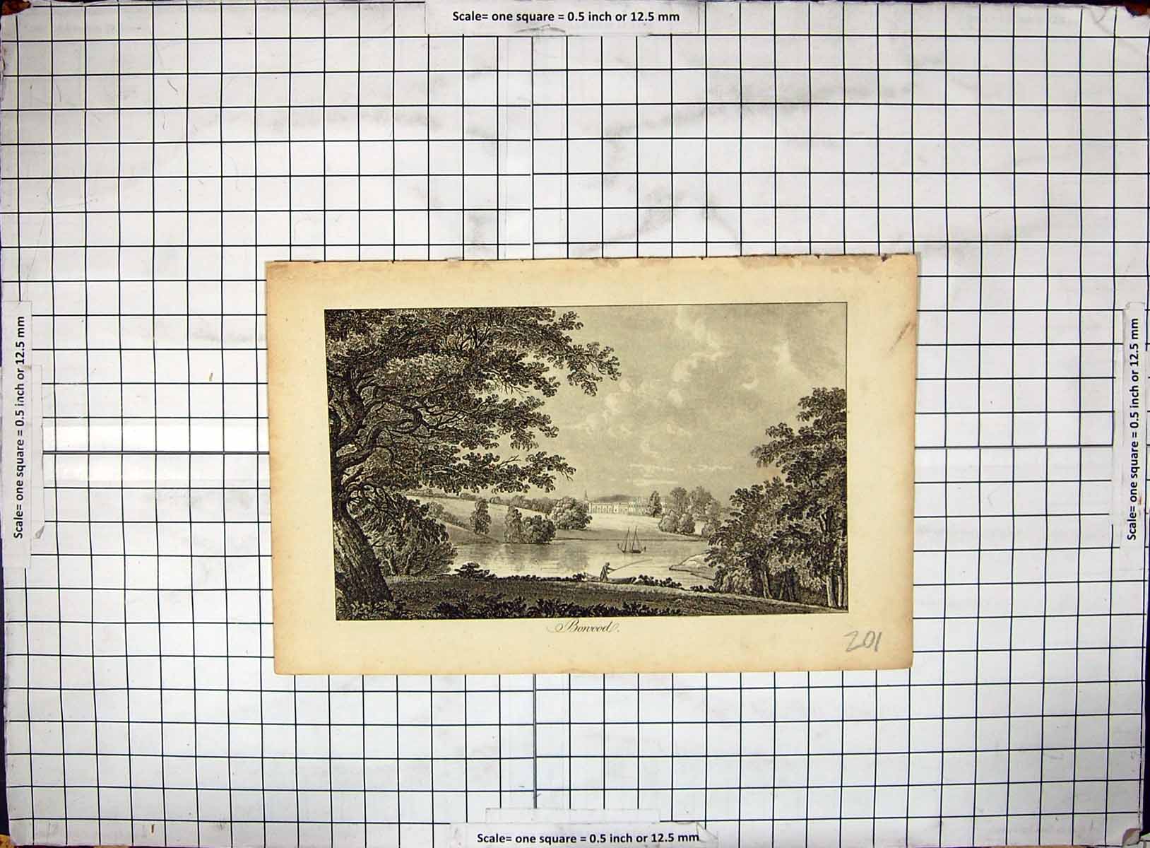 Original Old Antique Print Bonood Man River Fishing Boats Trees Mansion House