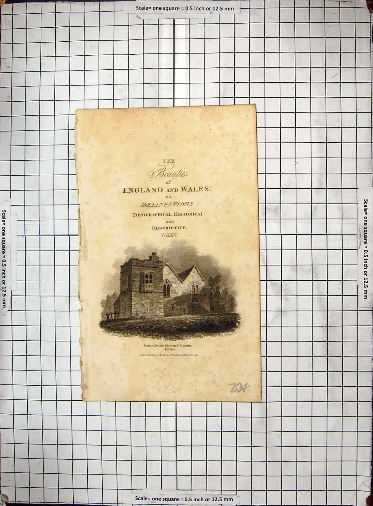 Antique Old Print Manor House Stanton St. Quintin Wiltshire Engraving 1814 19th