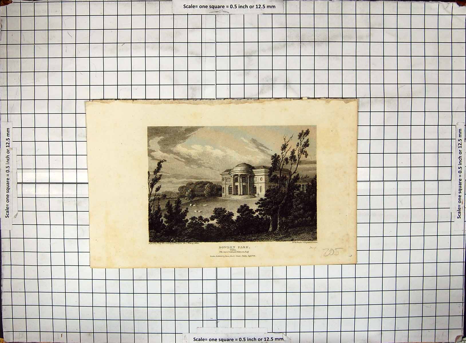 Old Antique Print 1811 Bowden Park Wiltshire Dickinson Thompson Engraving 19th