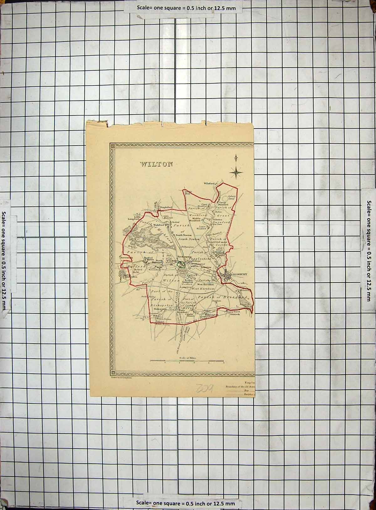 Old Antique Print Map Wilton Salisbury Wilsford Parish Wishford England