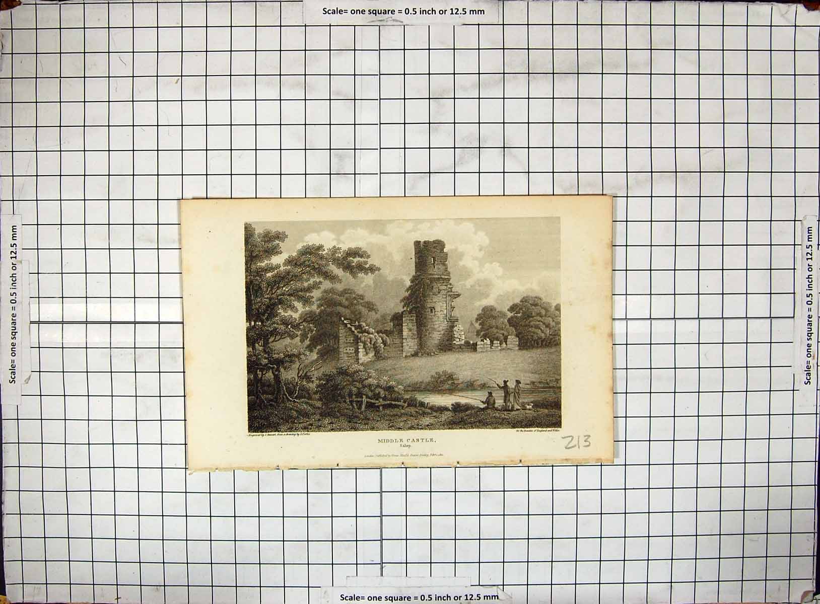 Original Old Antique Print Engraving 1812 View Middle Castle Salop England 19th