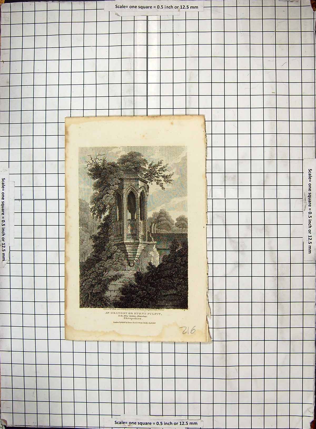Antique Print Engraving 1808 Oratory Stone Pulpit Abbey Gardens Shropshire 19th