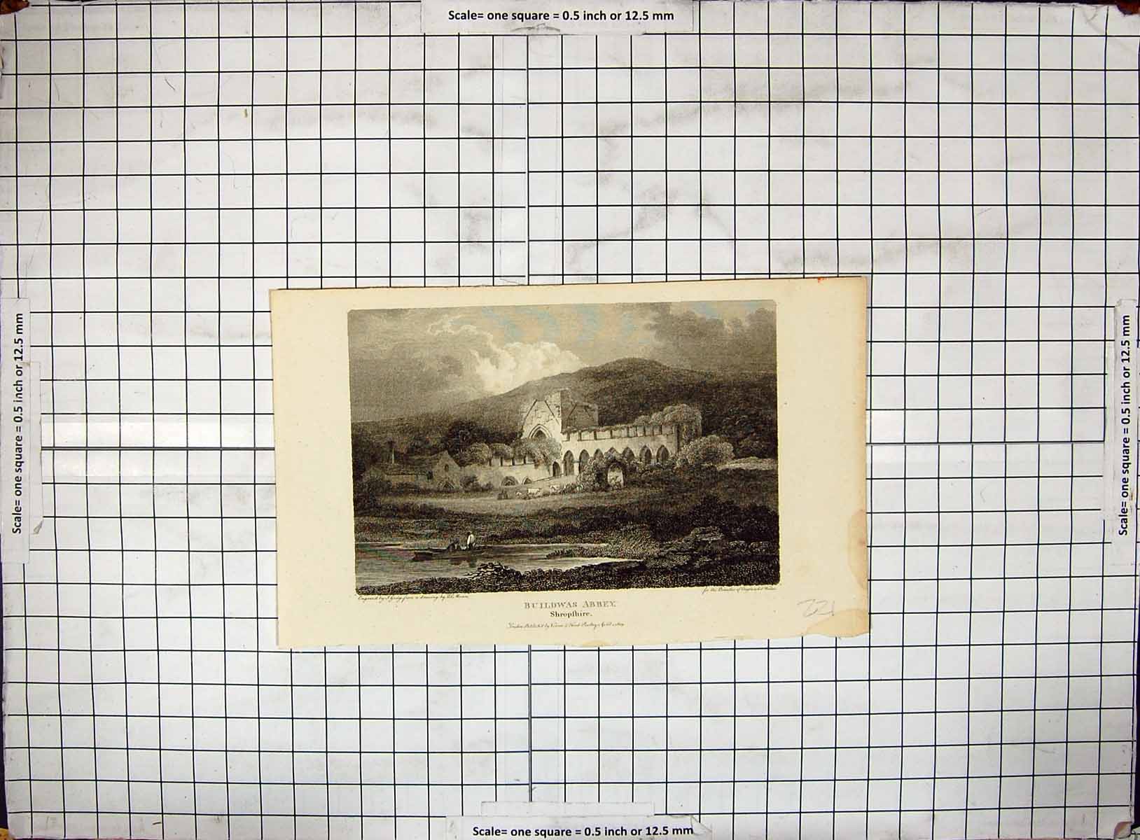 Old Antique Print Engraving 1805 Buildwas Abbey Shropshire England Greig 19th