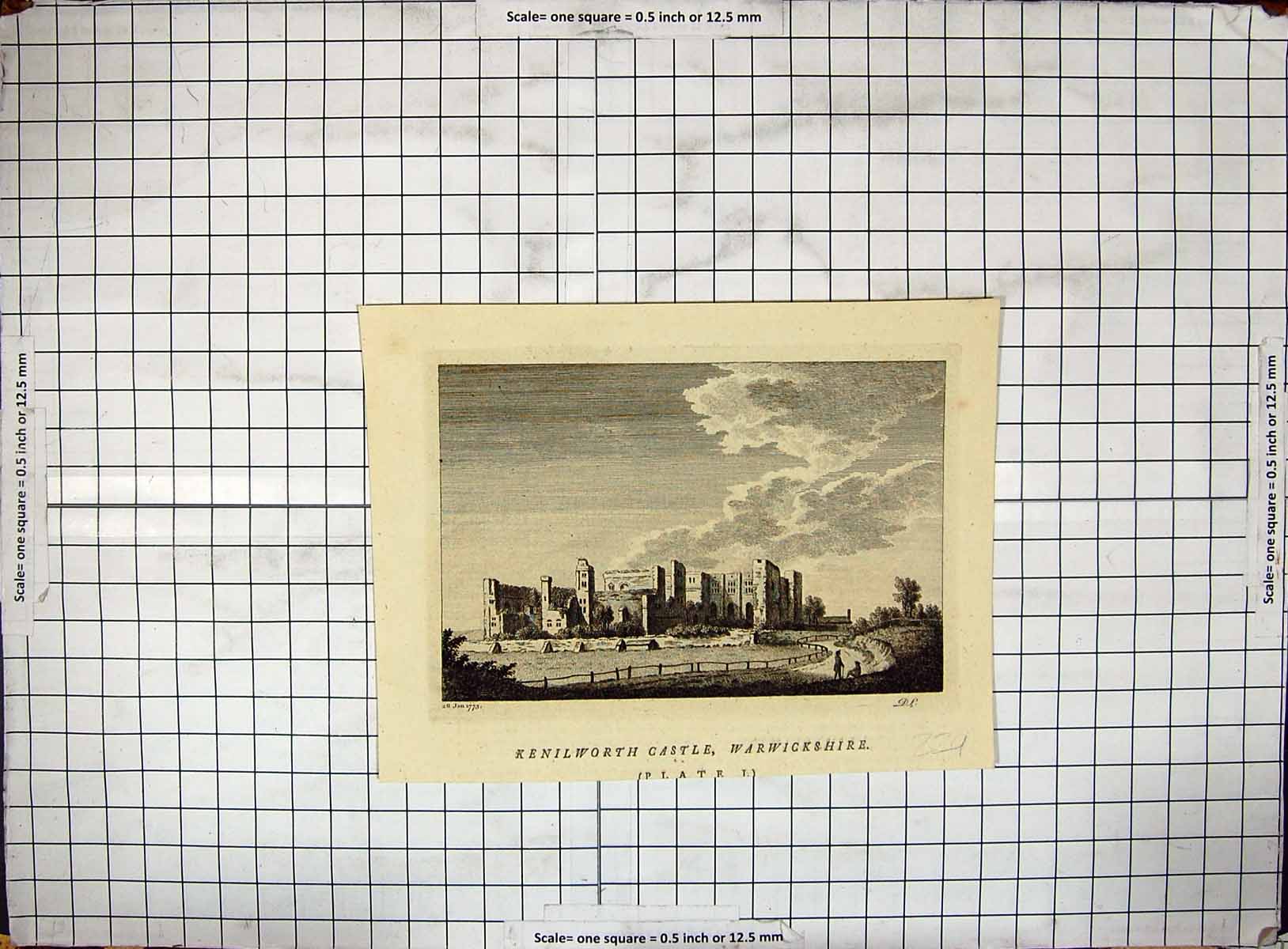 Old Antique Print Engraving 1773 Kenilworth Castle Warwickshire England 18th