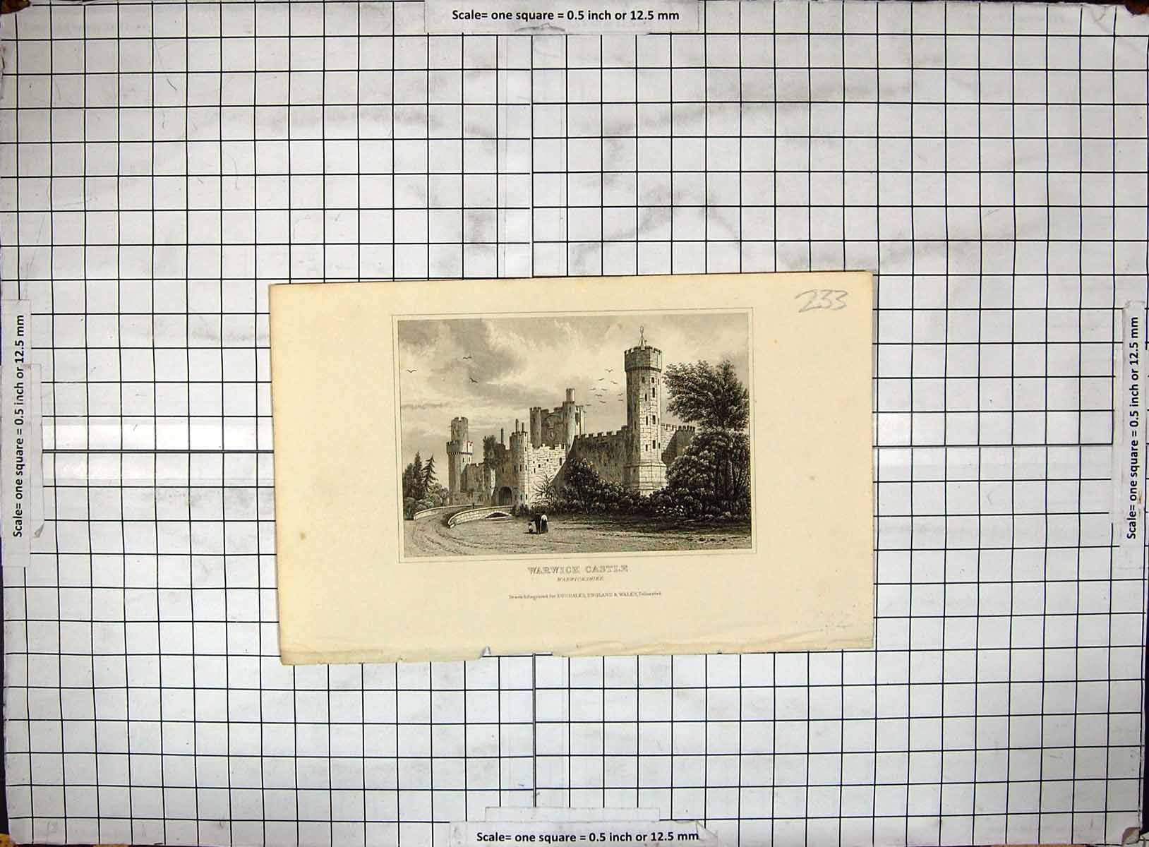 Old Print Engraving Exterior Warwick Castle Warwickshire England Dugdales