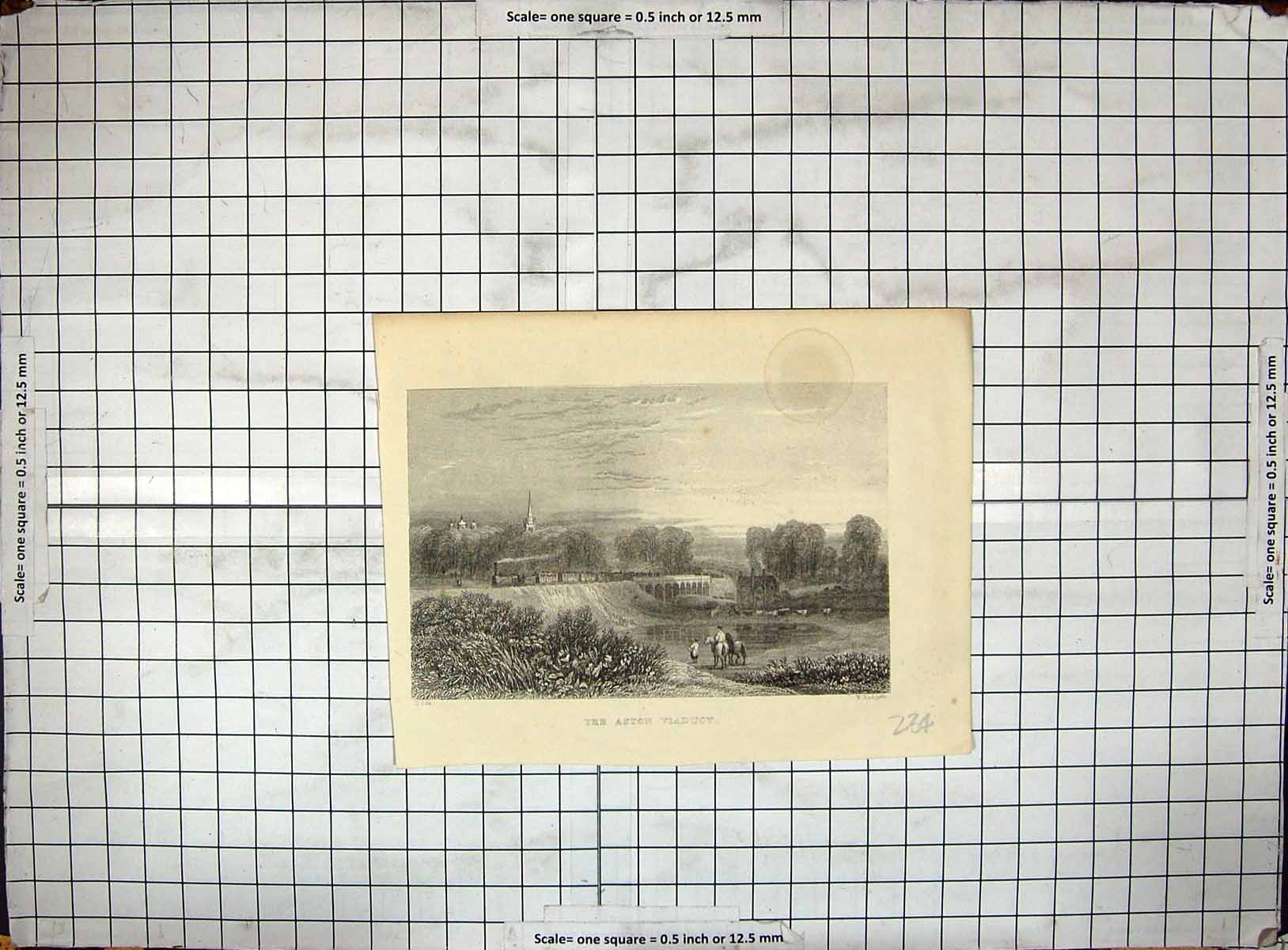 Antique Old Print Engraving View Aston Viaduct Church Horses Radcylffe Cox
