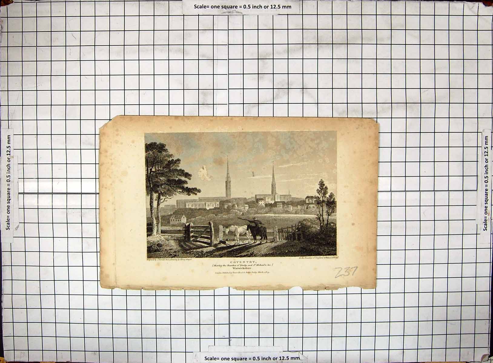 Old Engraving 1809 View Coventry Church Trinity Michael'S Warwickshir 19th