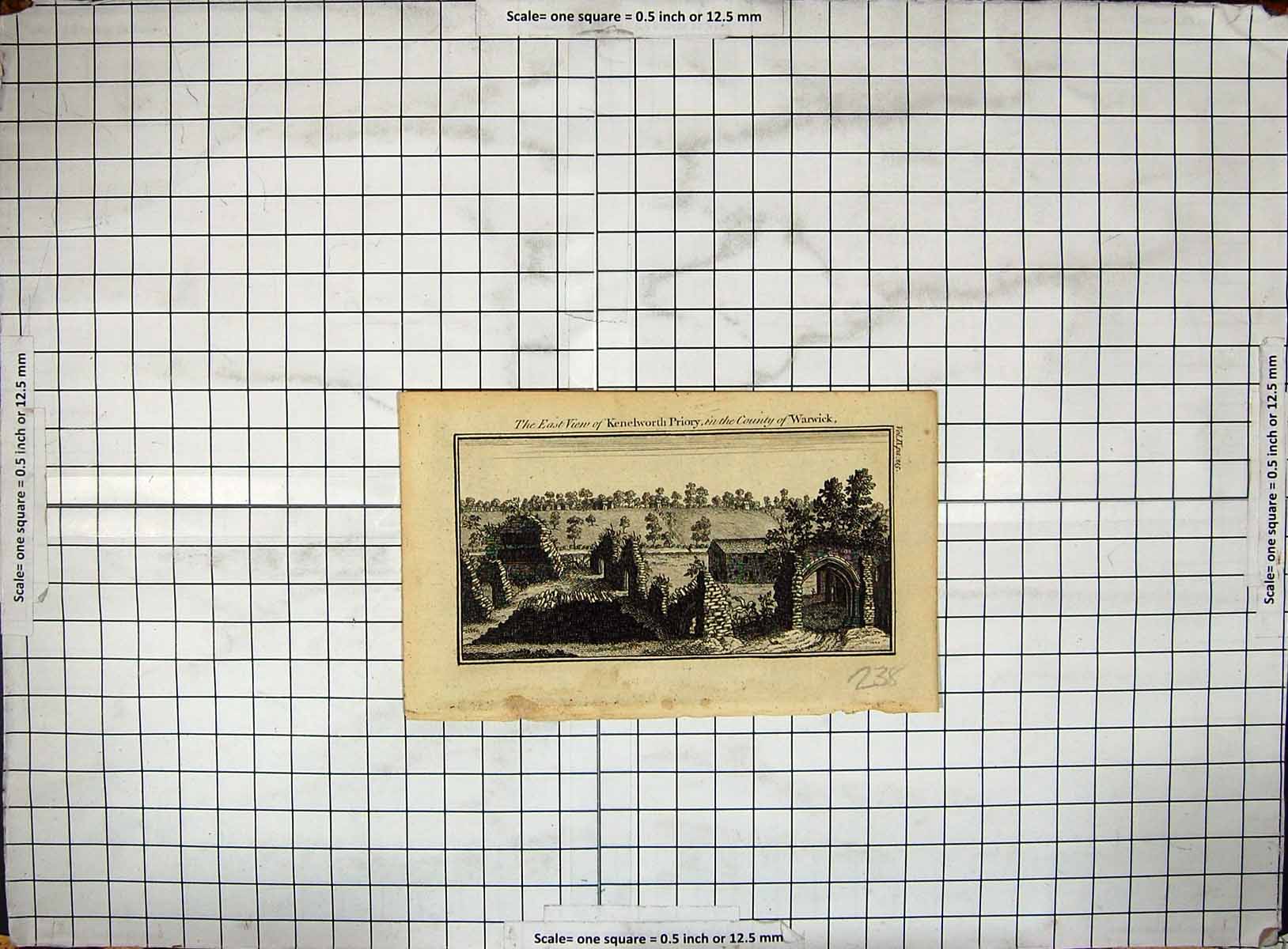 Original Old Antique Print East View Kenilworth Priory County Warwick England