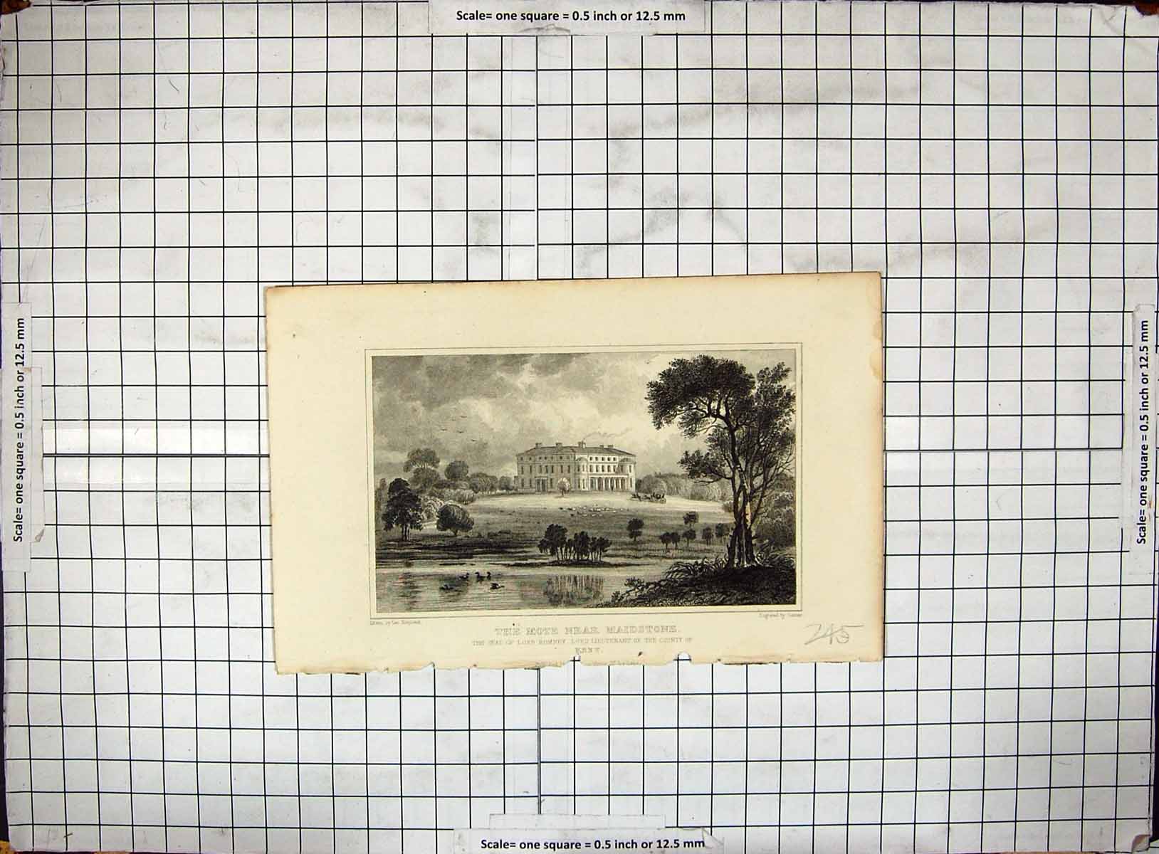 Antique Old Print Engraving Mote Maidstone Kent England Lord Romney Shepherd