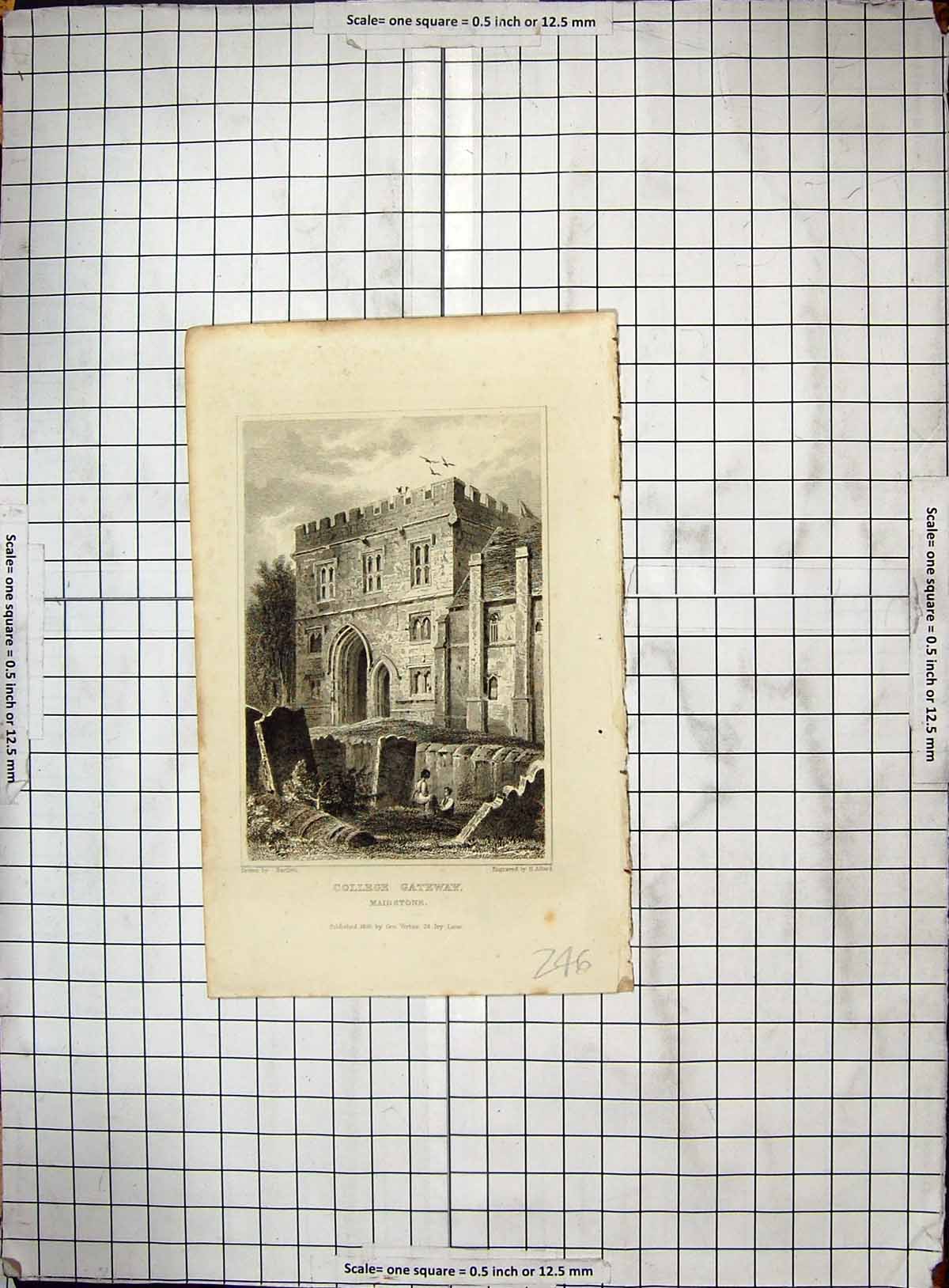Antique Old Print Engraving 1830 College Gateway Maidstone Bartlett Adlard 19th