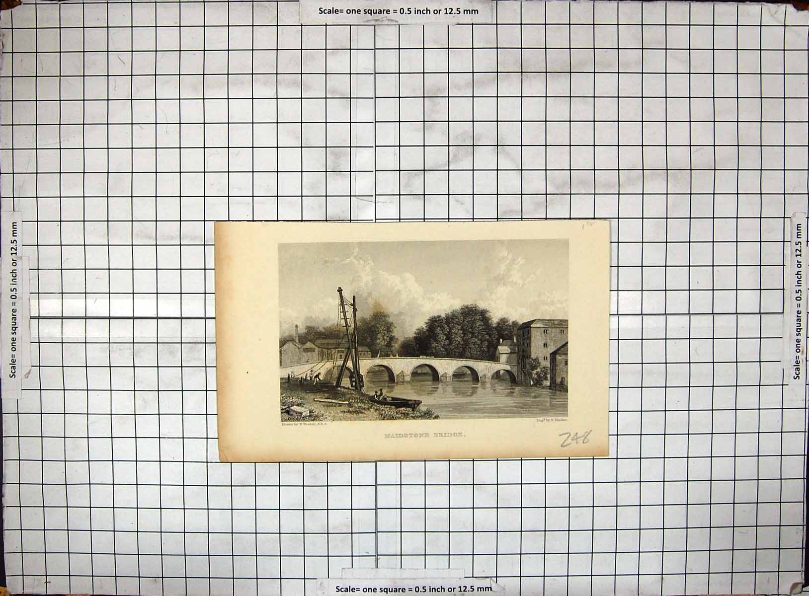 Antique Old Print Engraving View Maidstone Bridge River Scene Finden Westall