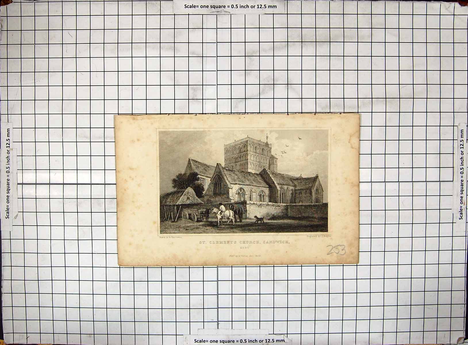 Old 1829 St. Clements Church Sandwych Kent Rogers Gastineau Engraving 19th