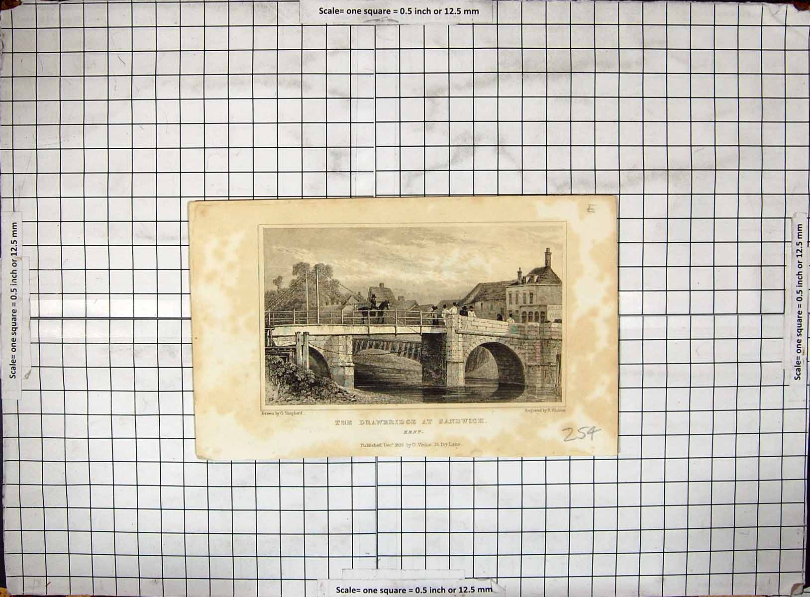 Old Engraving 1829 Drawbridge Sandwich Kent England Winkles Shepherd 19th