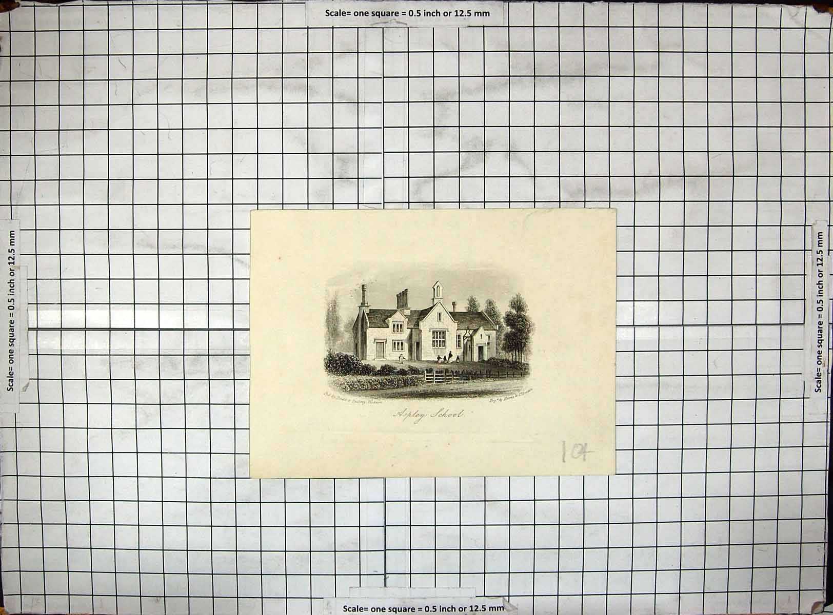 Antique Old Print Engraving Architecture Aspley School Building Dodd Harris