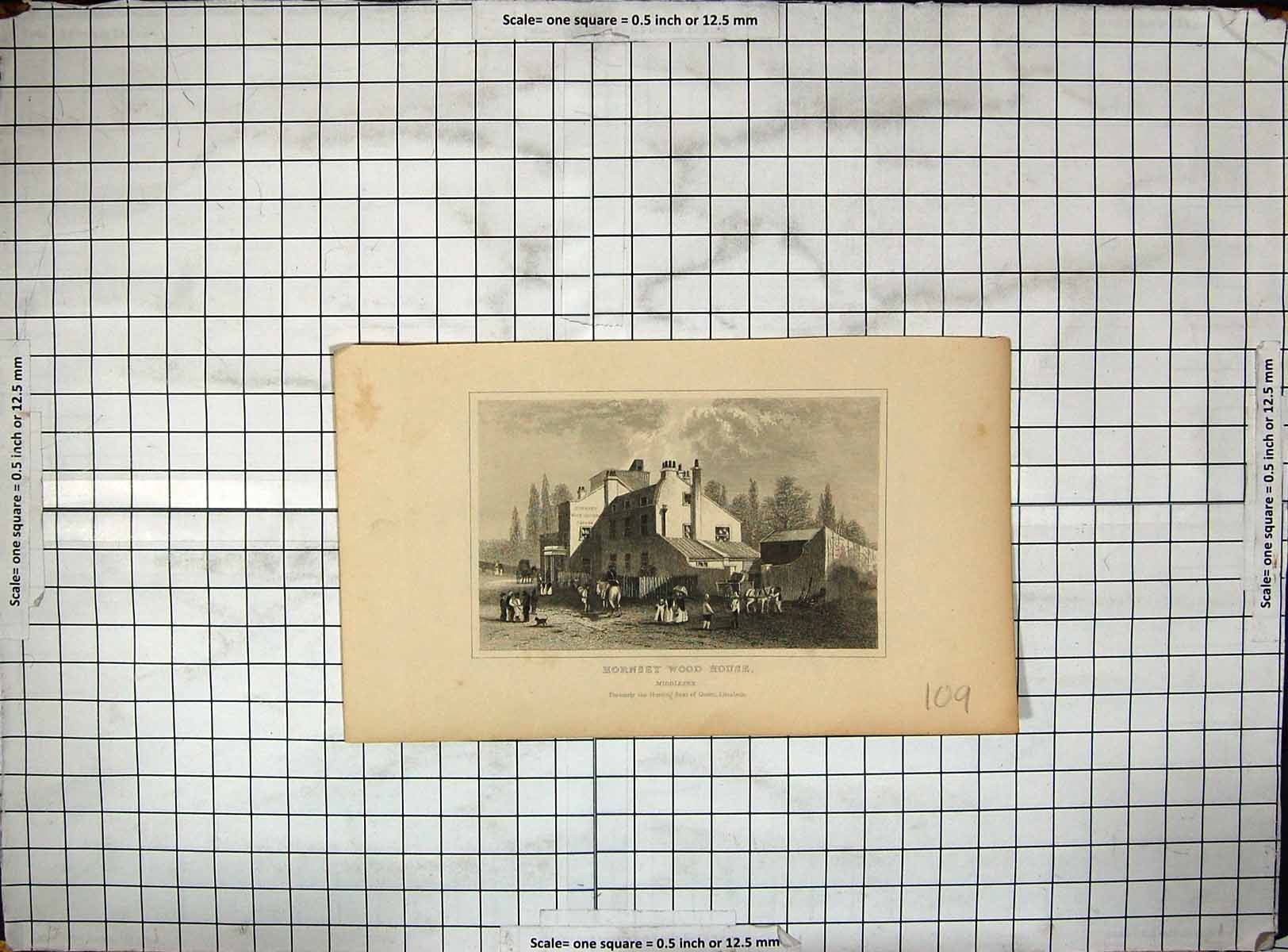 Old Print Engraving Hornsey Wood House Middlesex Hunting Queen Elizabeth