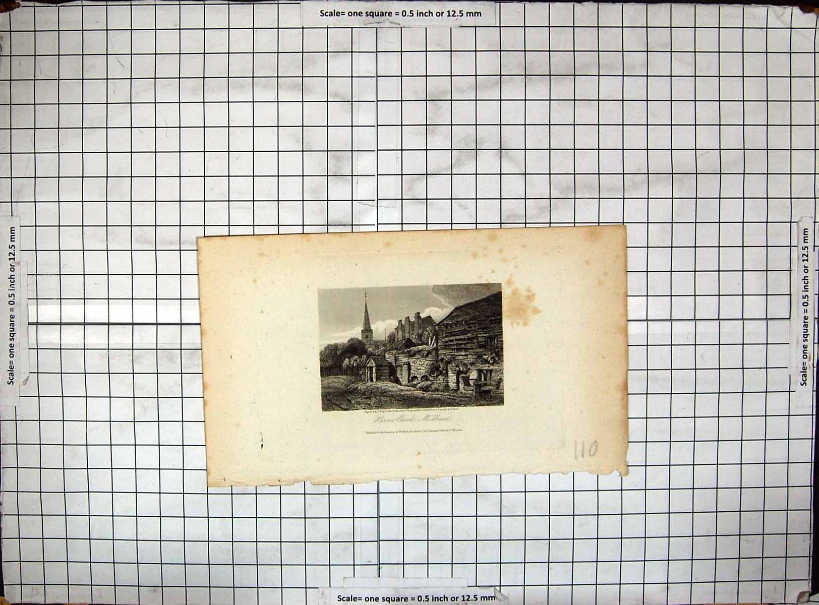 Original Old Antique Print Engraving Harrow Church Middleson Architecture