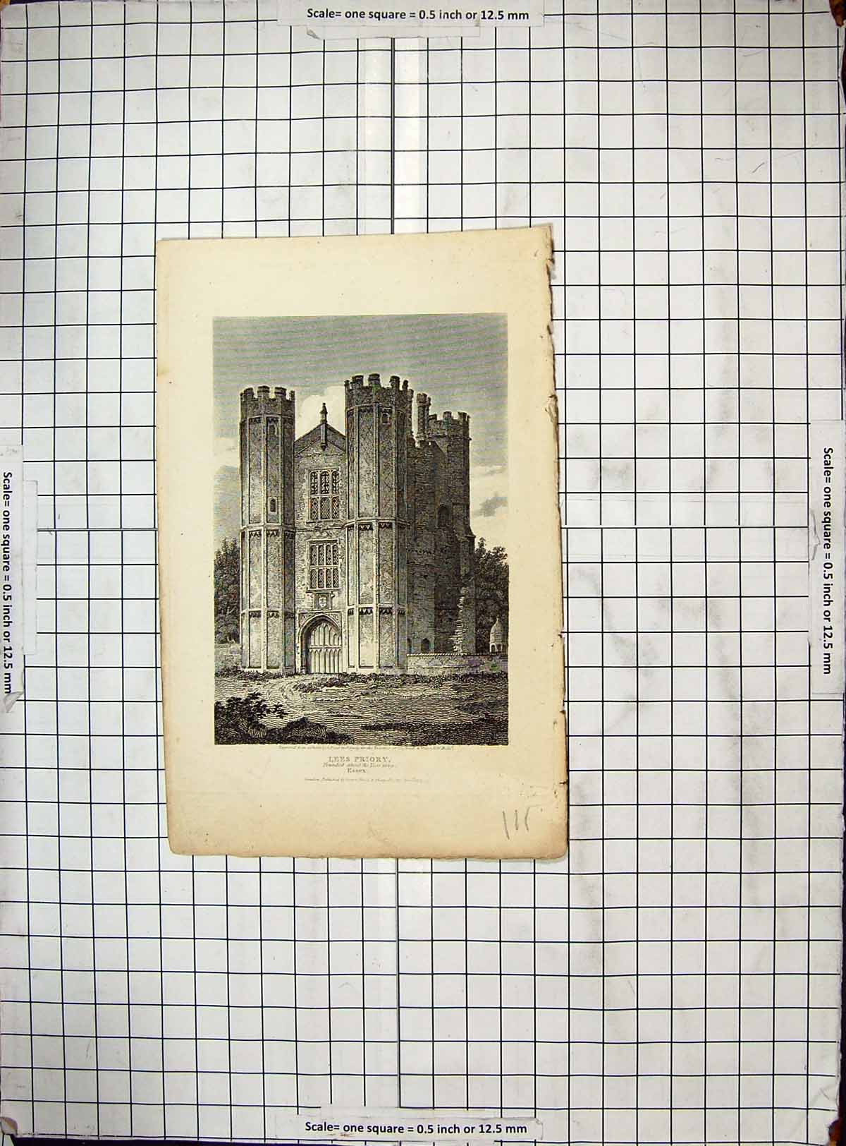 Old Antique Print 1807 Lees Priory Essex England Architecture Engraving 19th