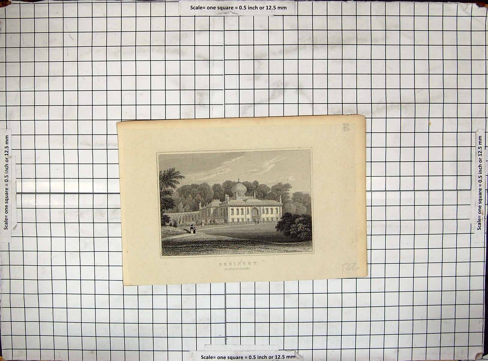 Old Antique Print Architecture Sesincot Gloucestershire England Engraving
