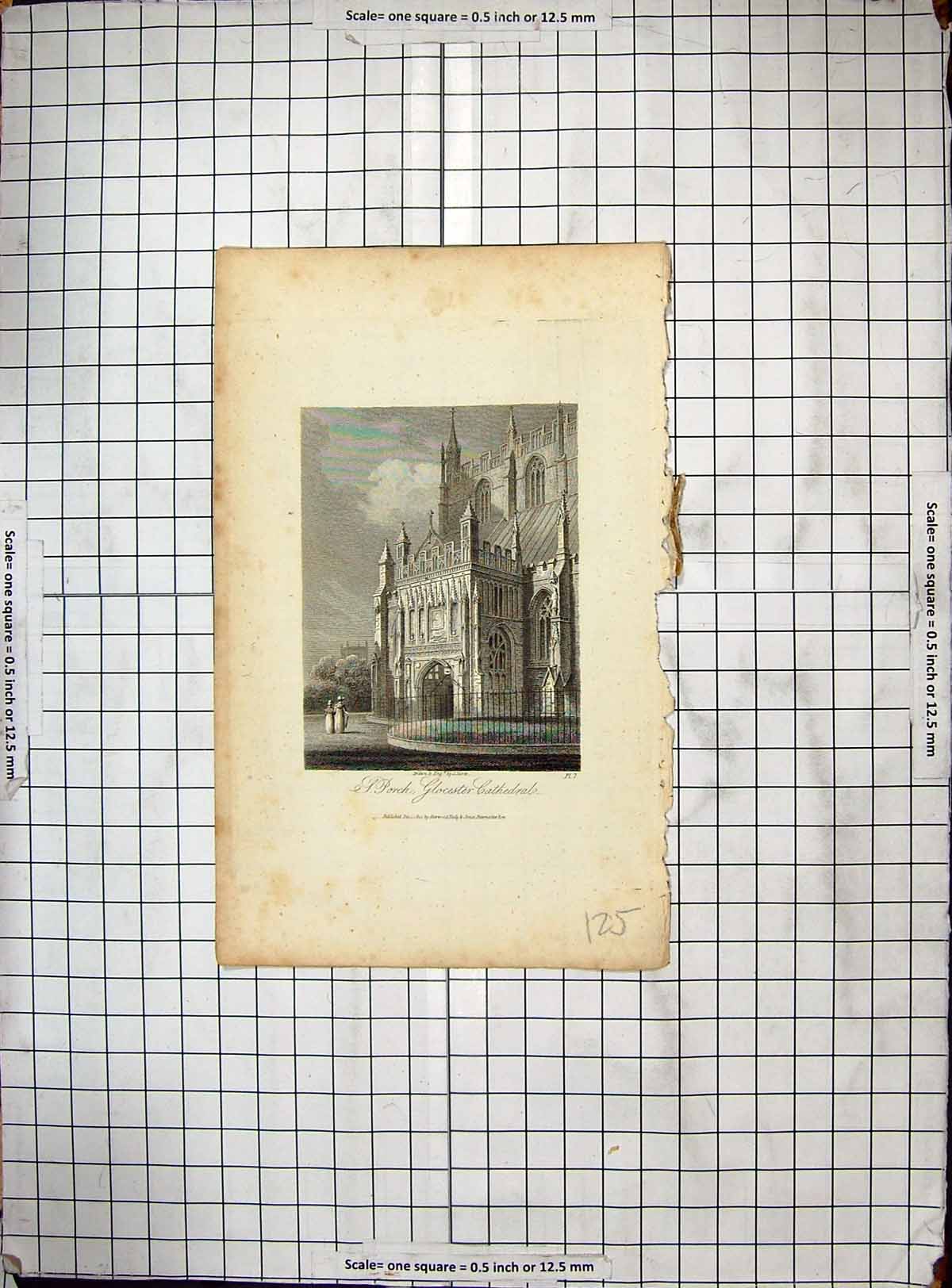 Old Antique Print Engraving View Porch Gloucester Cathedral Architecture