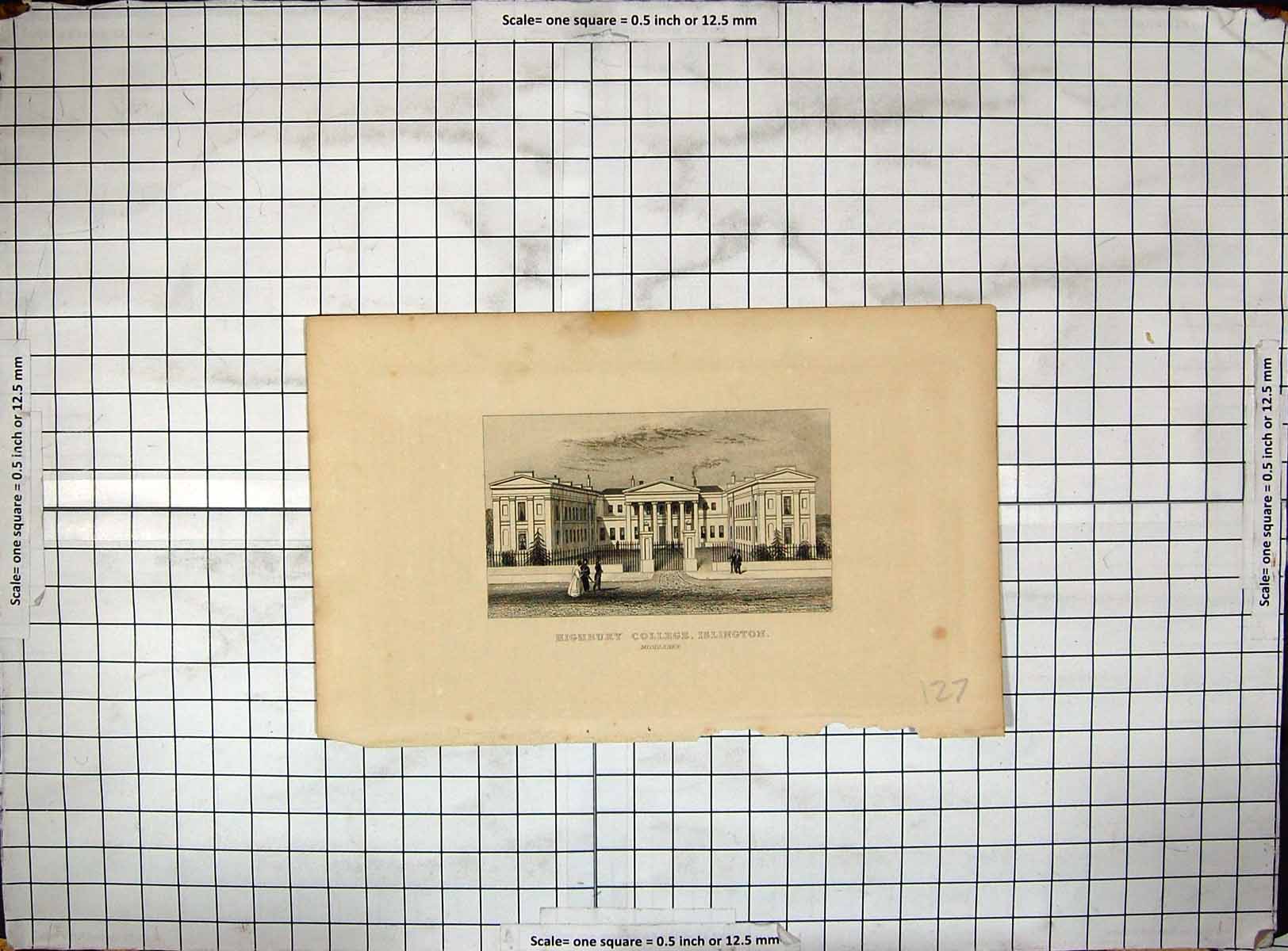 Antique Old Print Engraving Highbury College Islington Middlesex Architecture